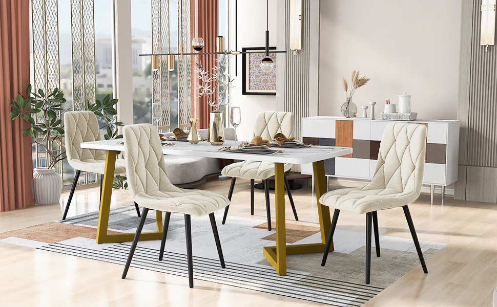 Dining Set 5-Piece Rectangular 117x68cm Table with 4 Chairs Beige Twill Velvet Gold Legs - Image 4