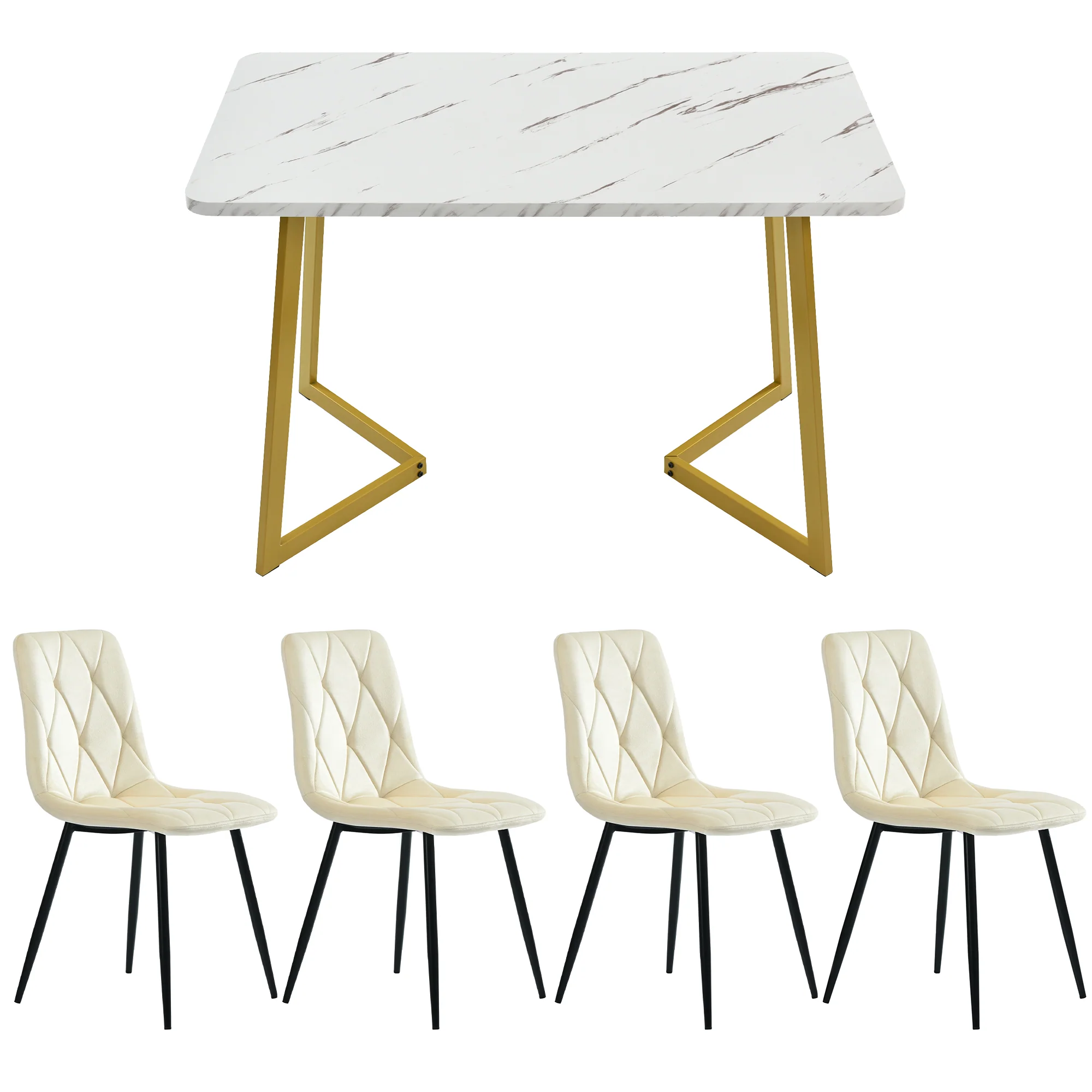 Dining Set 5-Piece Rectangular 117x68cm Table with 4 Chairs Beige Twill Velvet Gold Legs - Image 7