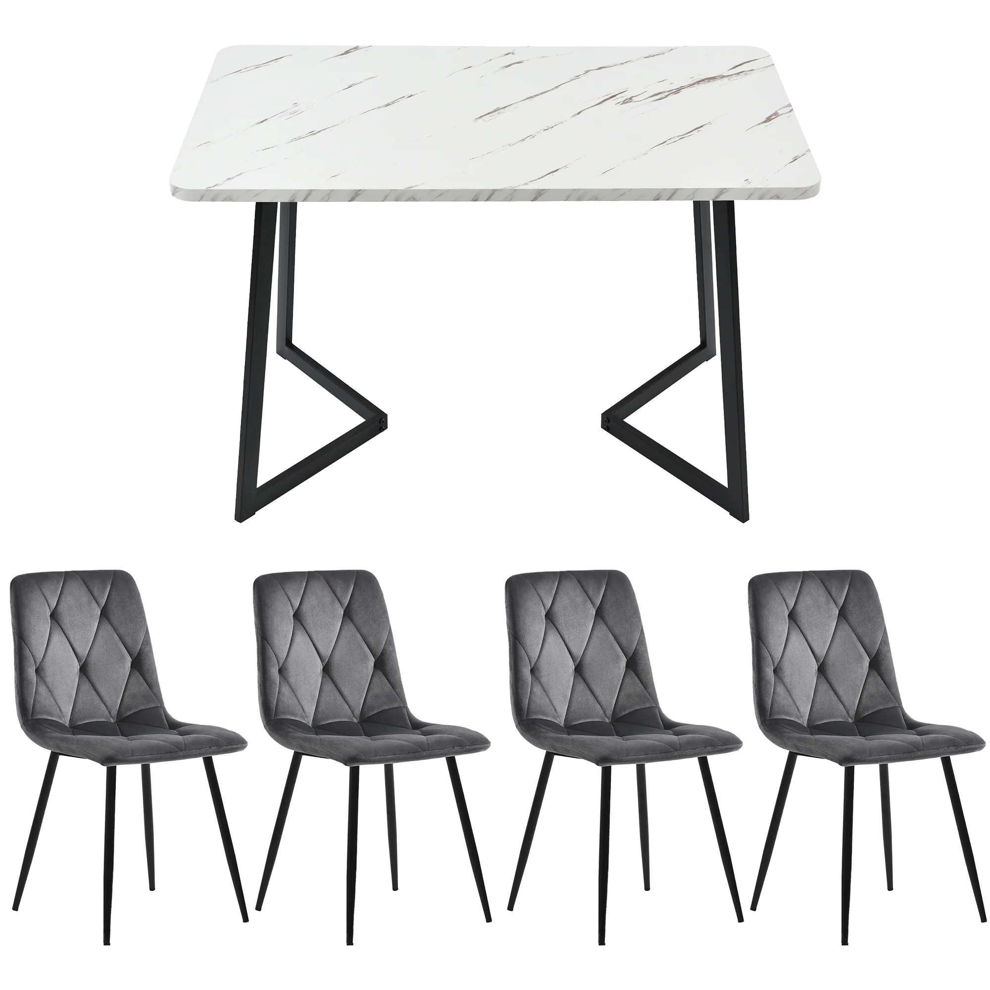 Dining Set 5-Piece Rectangular Kitchen Table 117x68cm Dark Grey Twill Velvet Black - Image 3