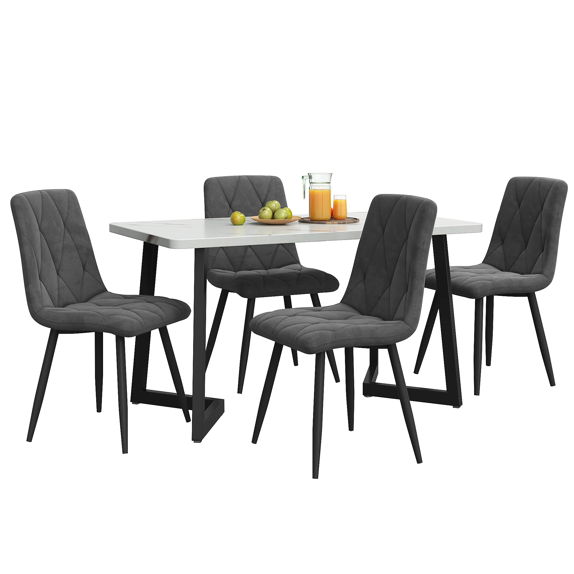 Dining Set 5-Piece Rectangular Kitchen Table 117x68cm Dark Grey Twill Velvet Black - Image 4