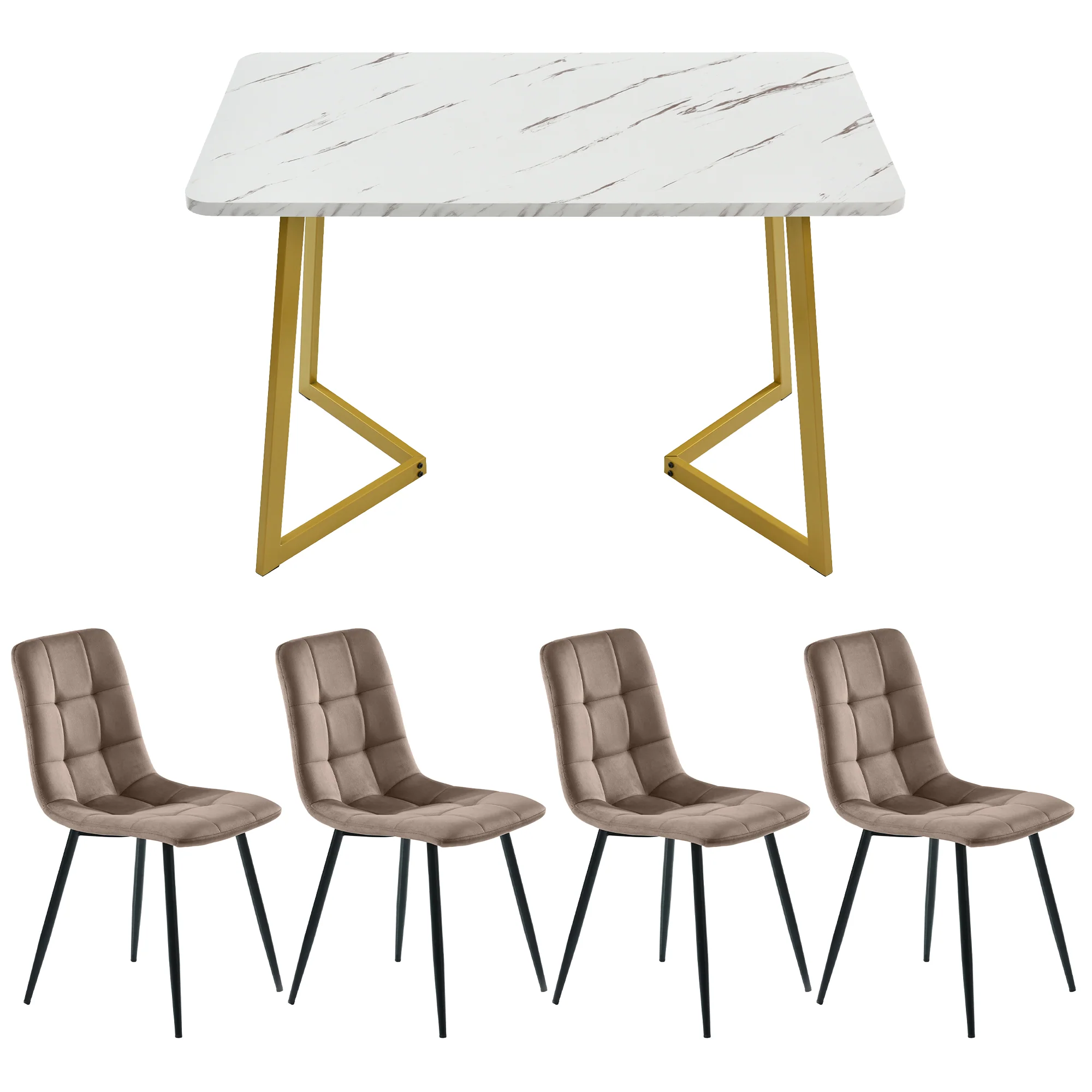 Dining Set 5-Piece Rectangular Modern Kitchen Table 4 Chairs Brown Velvet Gold Legs - Image 5