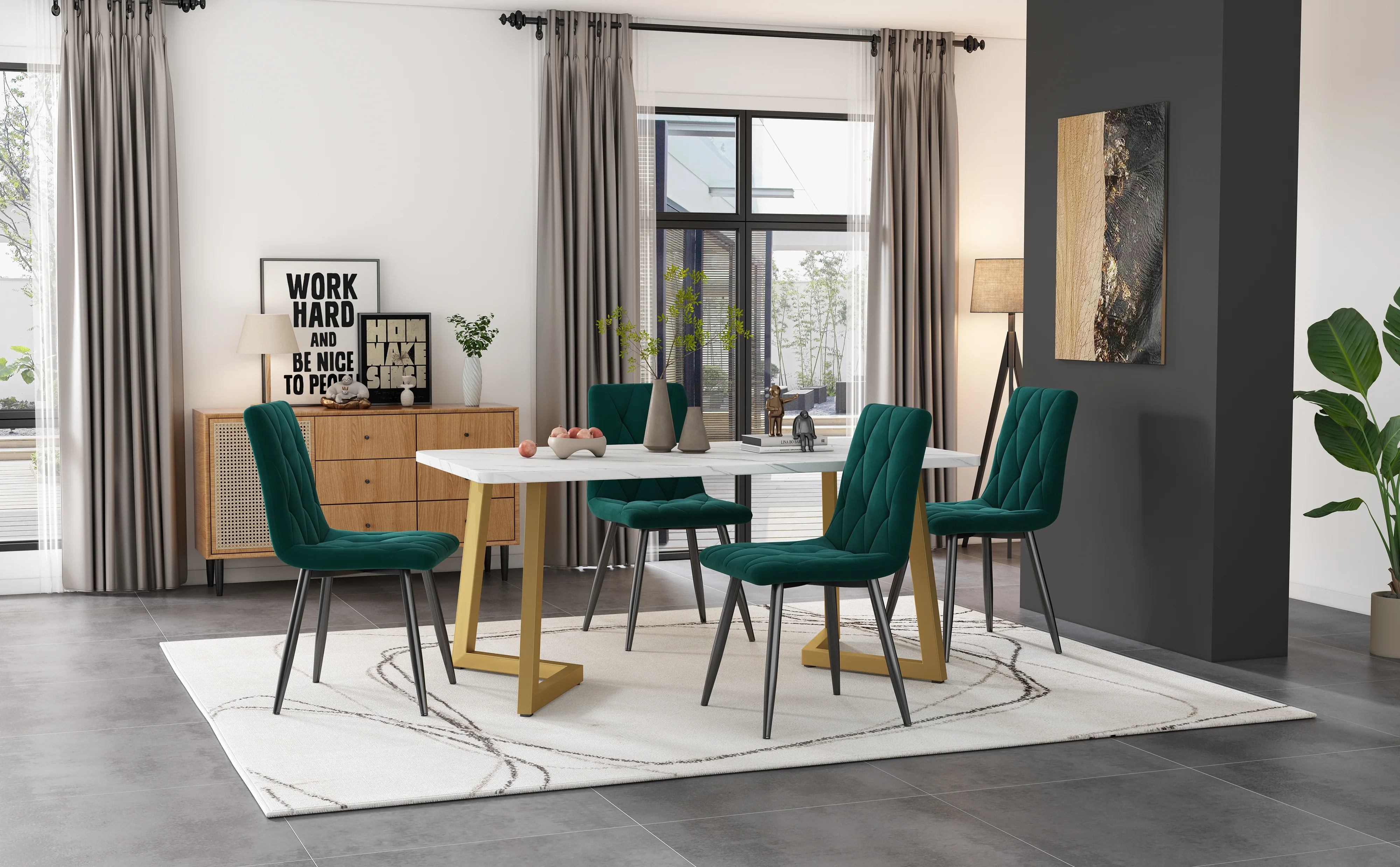 Dining Set 5-Piece Rectangular Table 117x68cm 4 Chairs Dark Green Twill Velvet Gold Legs - Image 2