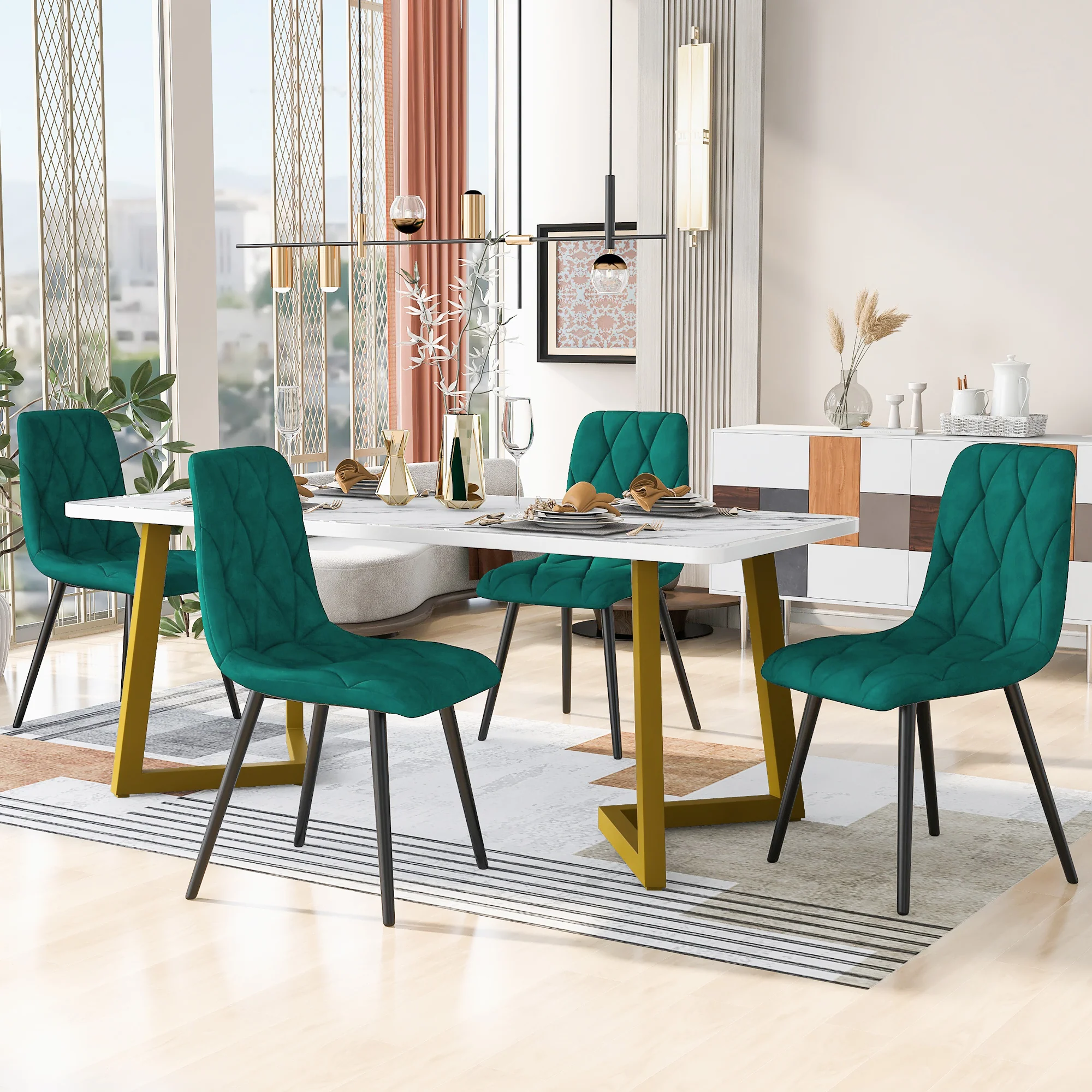 Dining Set 5-Piece Rectangular Table 117x68cm 4 Chairs Dark Green Twill Velvet Gold Legs - Image 3