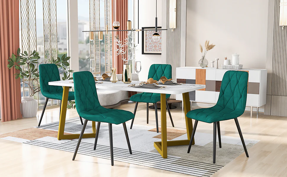 Dining Set 5-Piece Rectangular Table 117x68cm 4 Chairs Dark Green Twill Velvet Gold Legs - Image 4