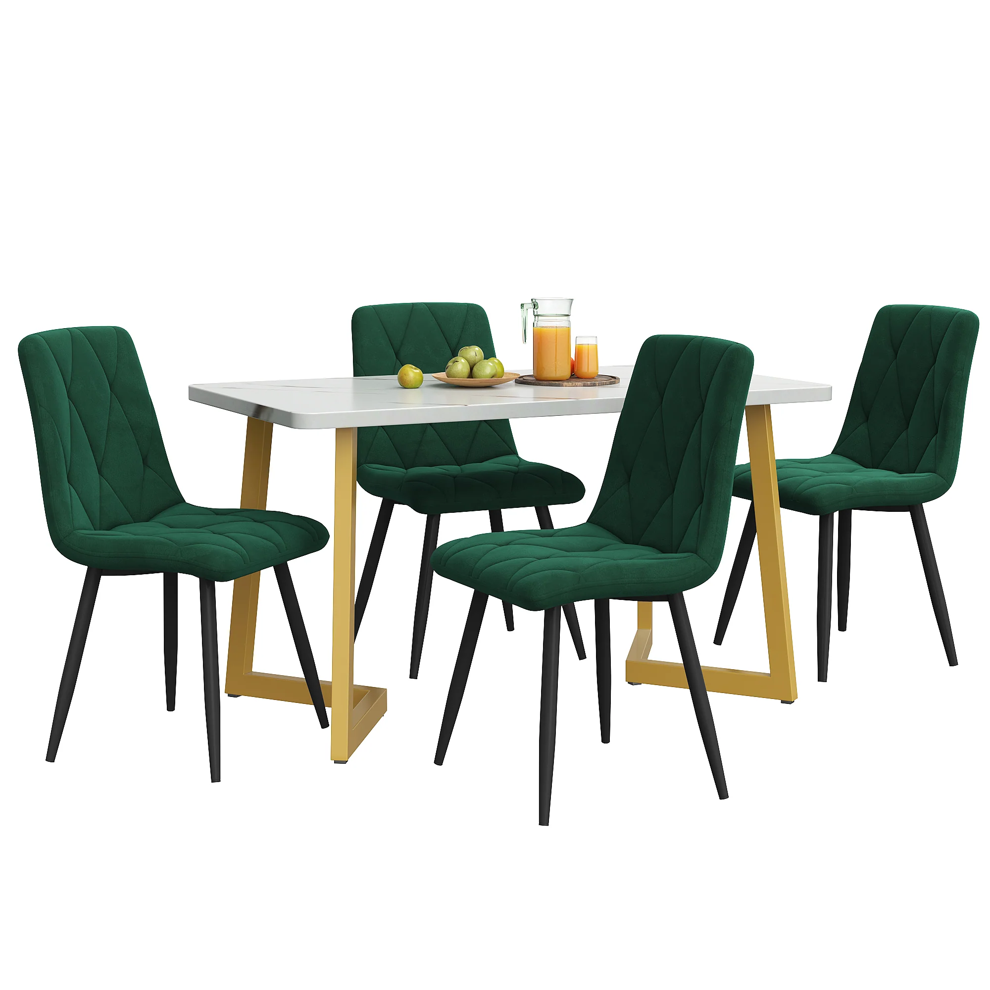 Dining Set 5-Piece Rectangular Table 117x68cm 4 Chairs Dark Green Twill Velvet Gold Legs - Image 5