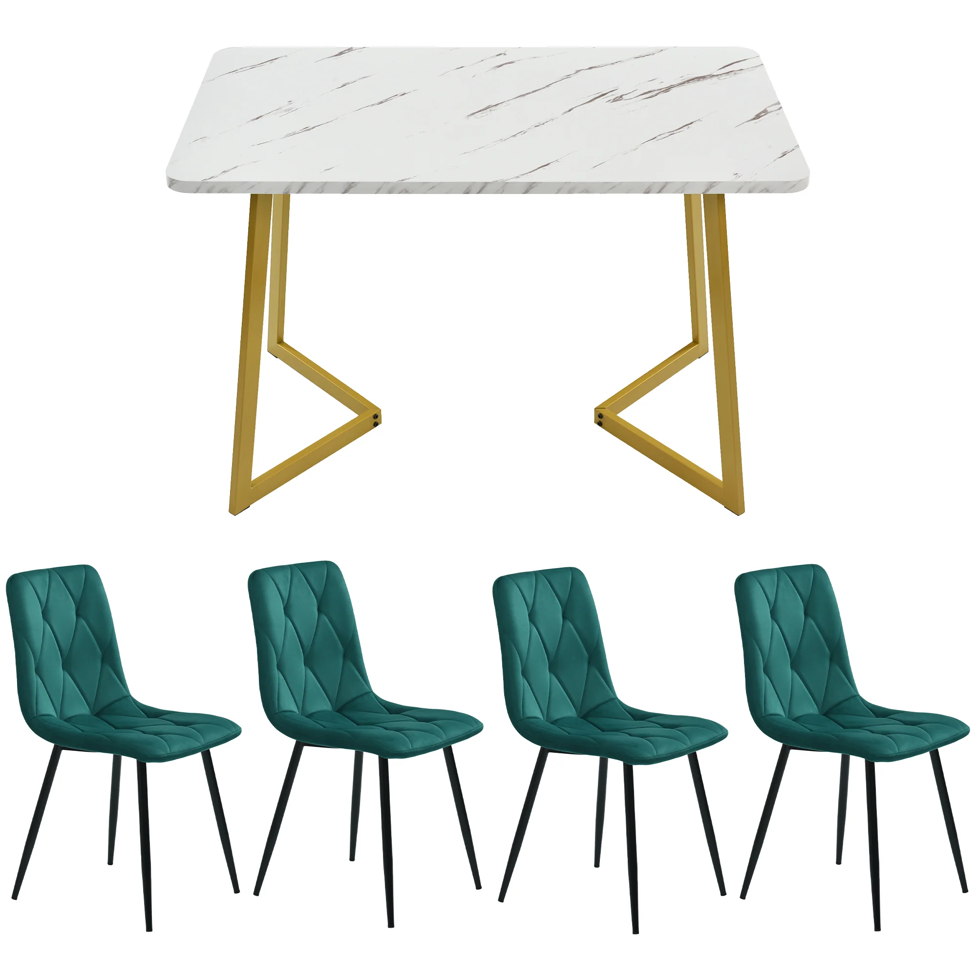 Dining Set 5-Piece Rectangular Table 117x68cm 4 Chairs Dark Green Twill Velvet Gold Legs - Image 7