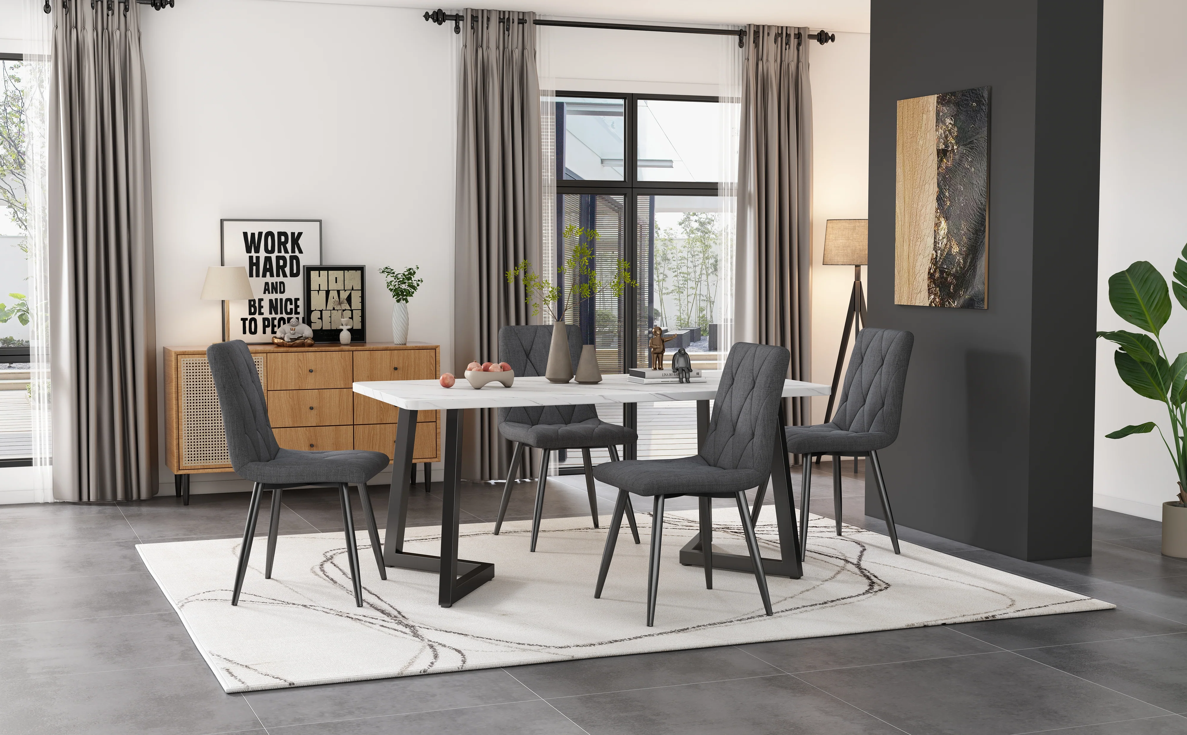 Dining Set 5-Piece Rectangular Table 117x68cm with 4 Chairs, Dark Grey Twill Linen Fabric and Black Metal Legs - Image 2