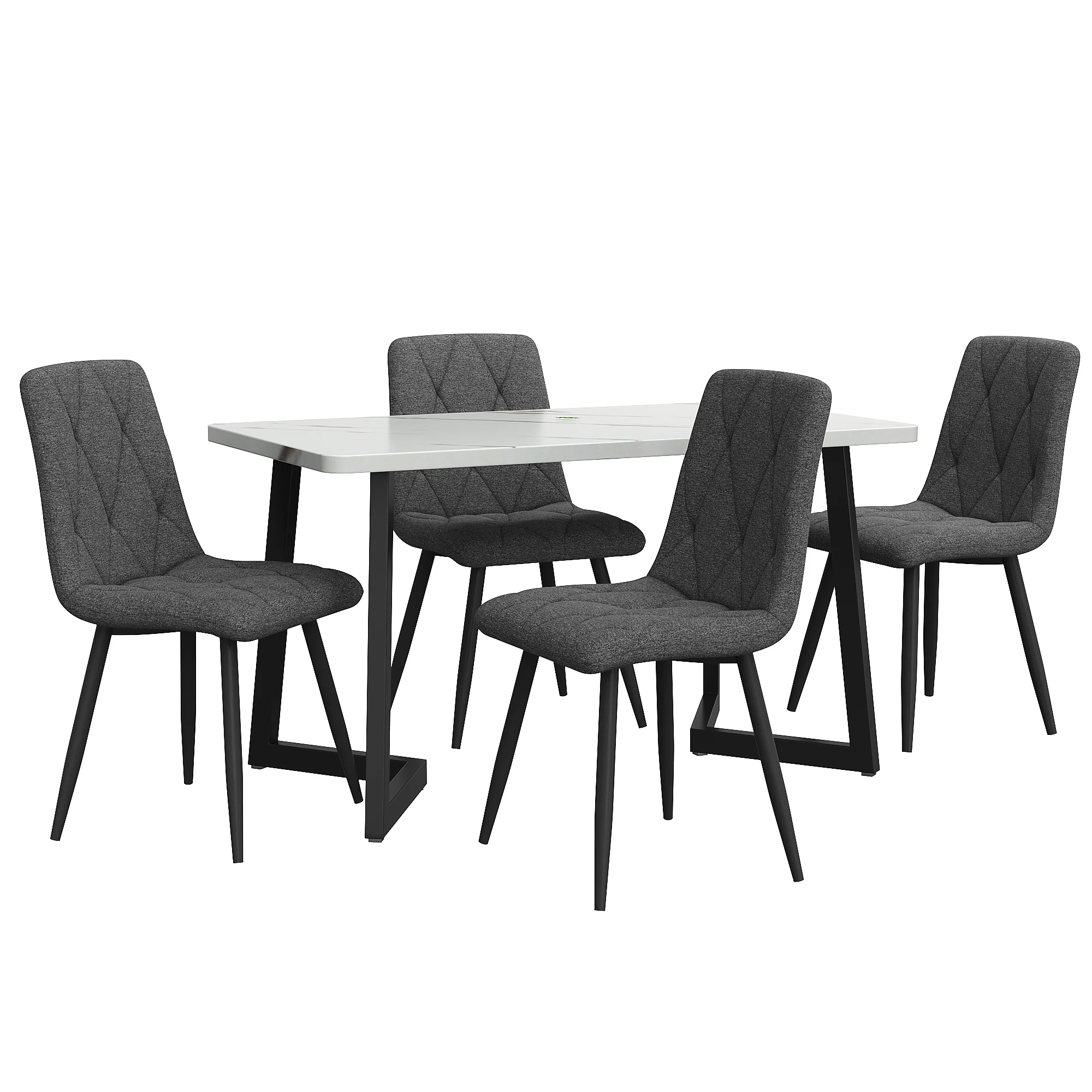 Dining Set 5-Piece Rectangular Table 117x68cm with 4 Chairs, Dark Grey Twill Linen Fabric and Black Metal Legs - Image 4