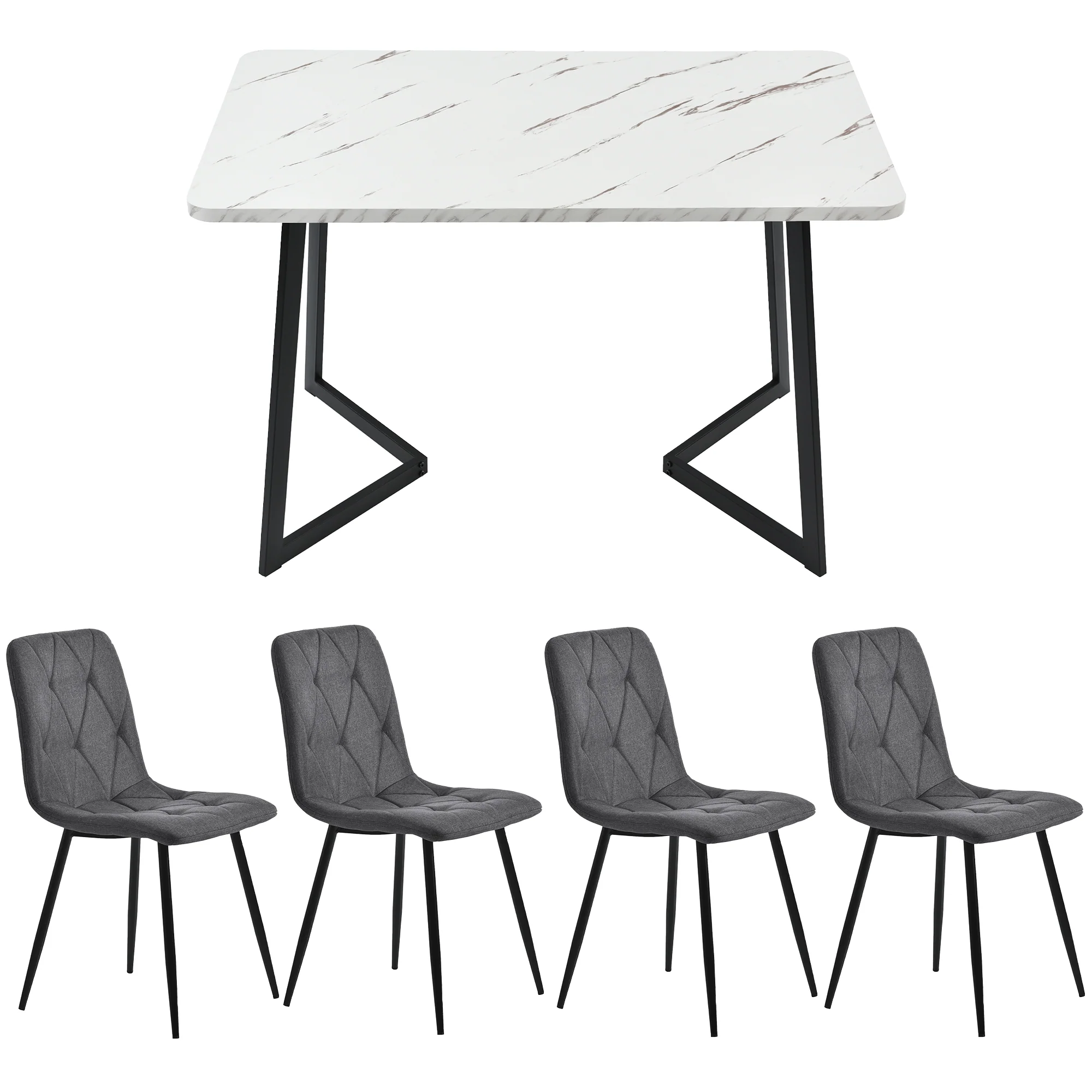 Dining Set 5-Piece Rectangular Table 117x68cm with 4 Chairs, Dark Grey Twill Linen Fabric and Black Metal Legs - Image 5