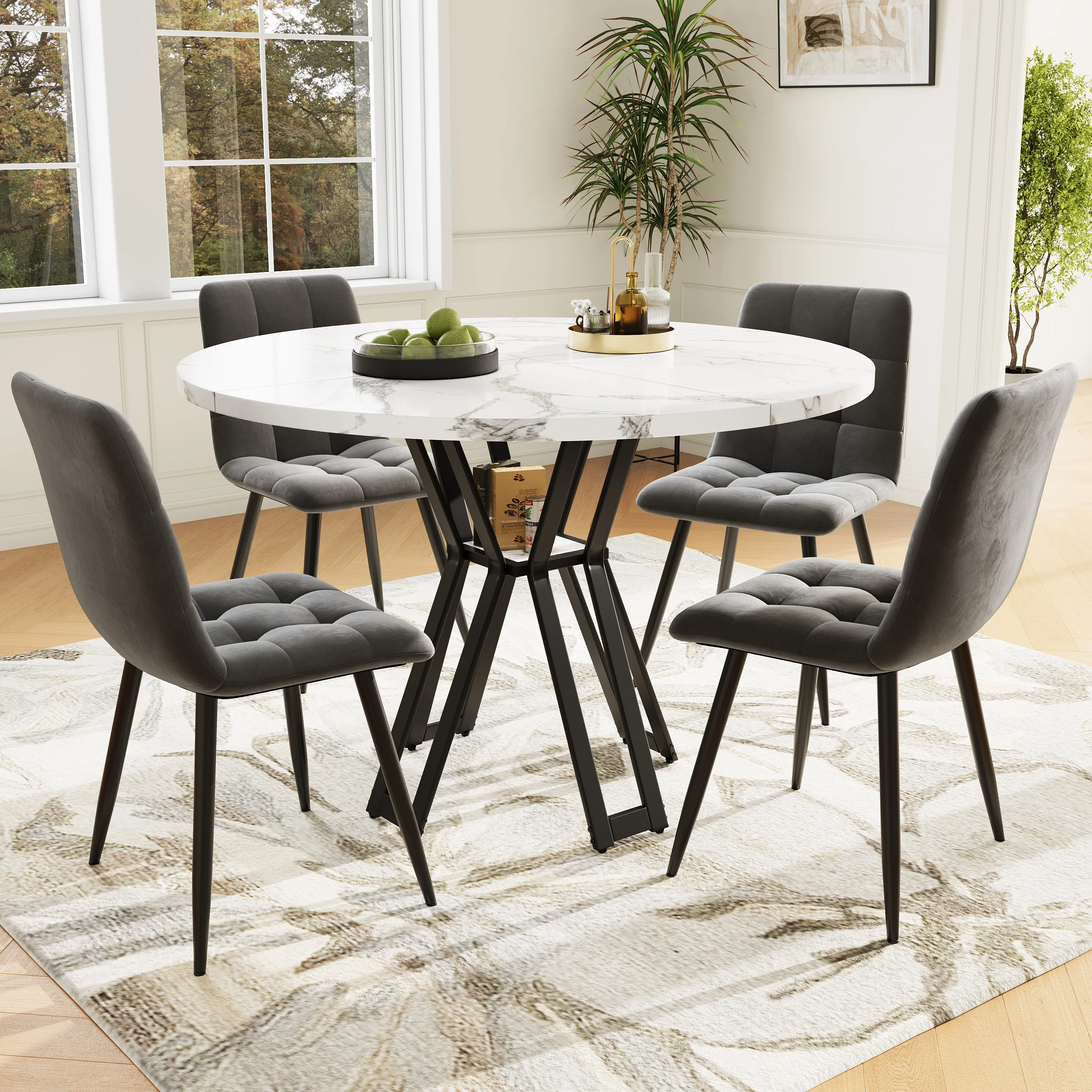 Dining Set 5-Piece Round 100cm Marble Top 4 Velvet Chairs - White/Grey/Black