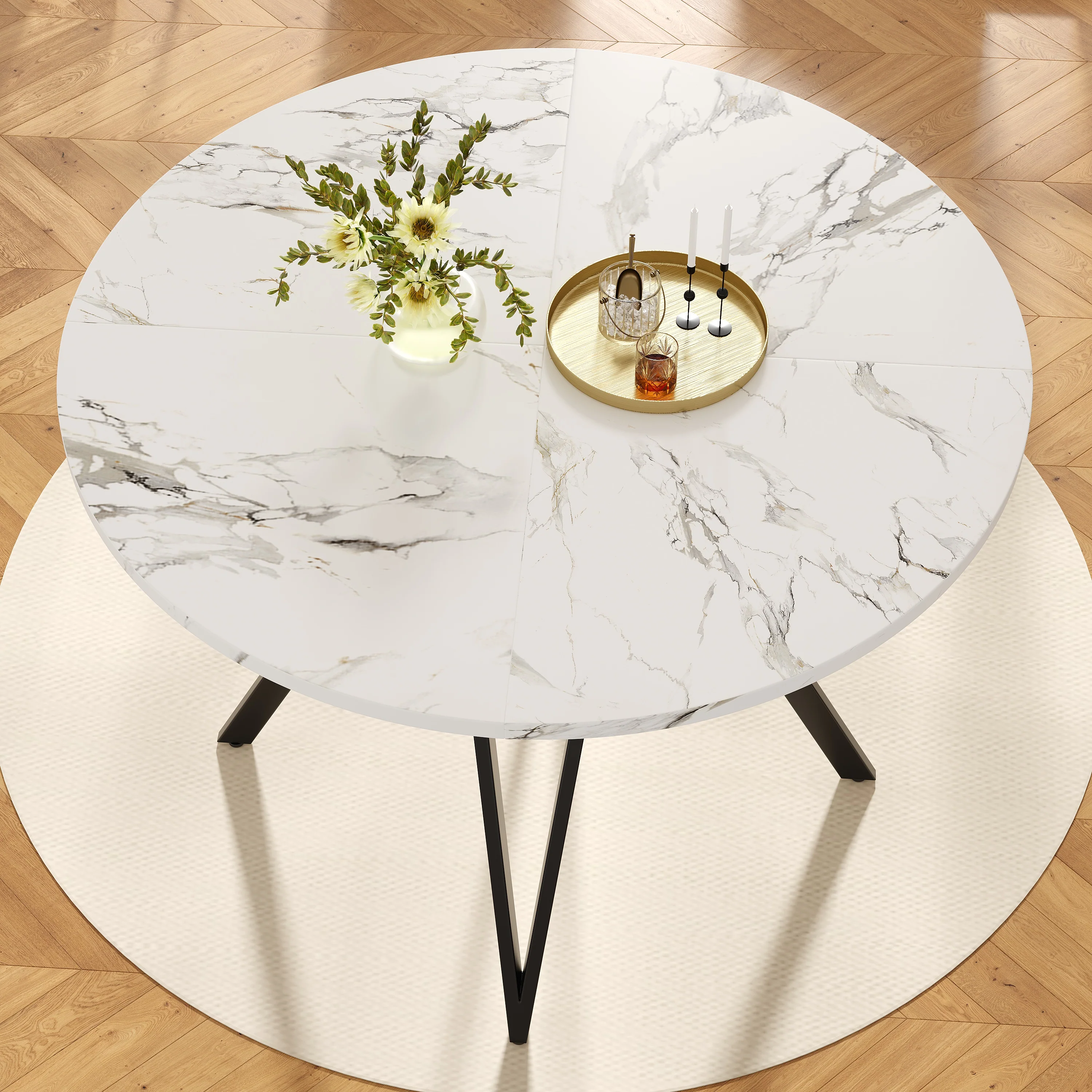 Dining Set 5-Piece Round 100cm Marble Top Black Metal Legs Grey Linen - Image 5