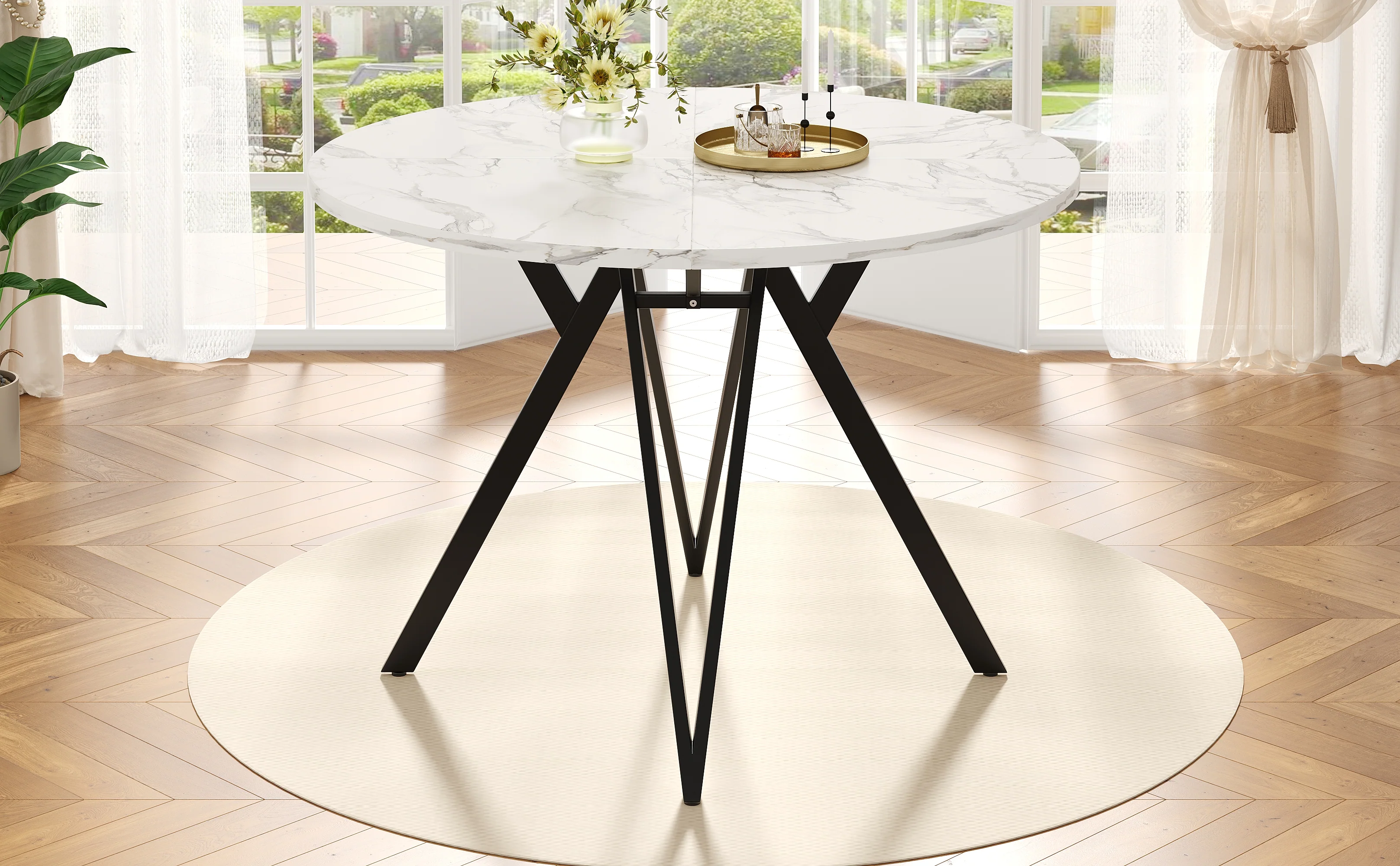 Dining Set 5-Piece Round 100cm Marble Top Black Metal Legs Grey Linen - Image 6