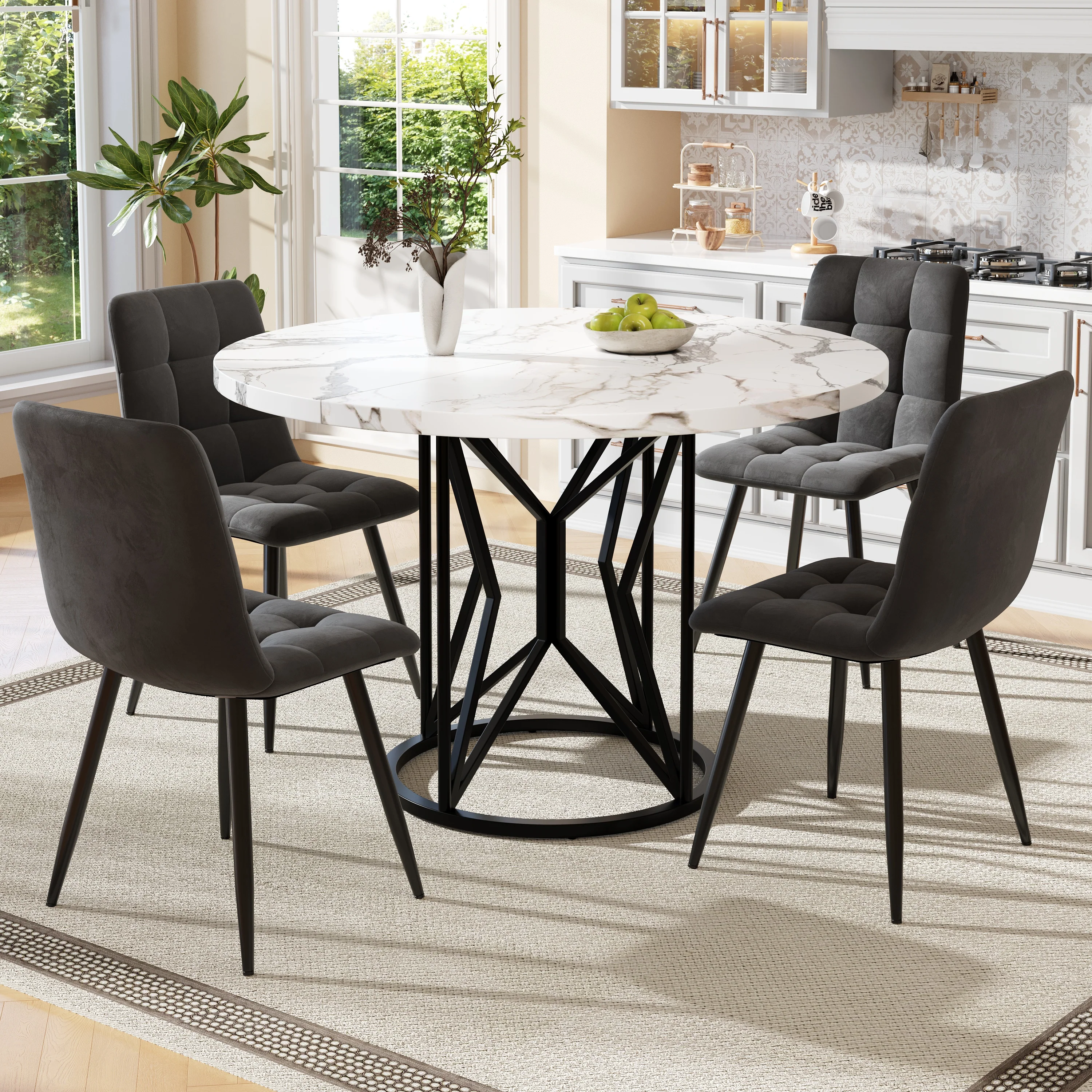Dining Set 5-Piece Round 100cm White MDF Top - Grey Velvet Chairs