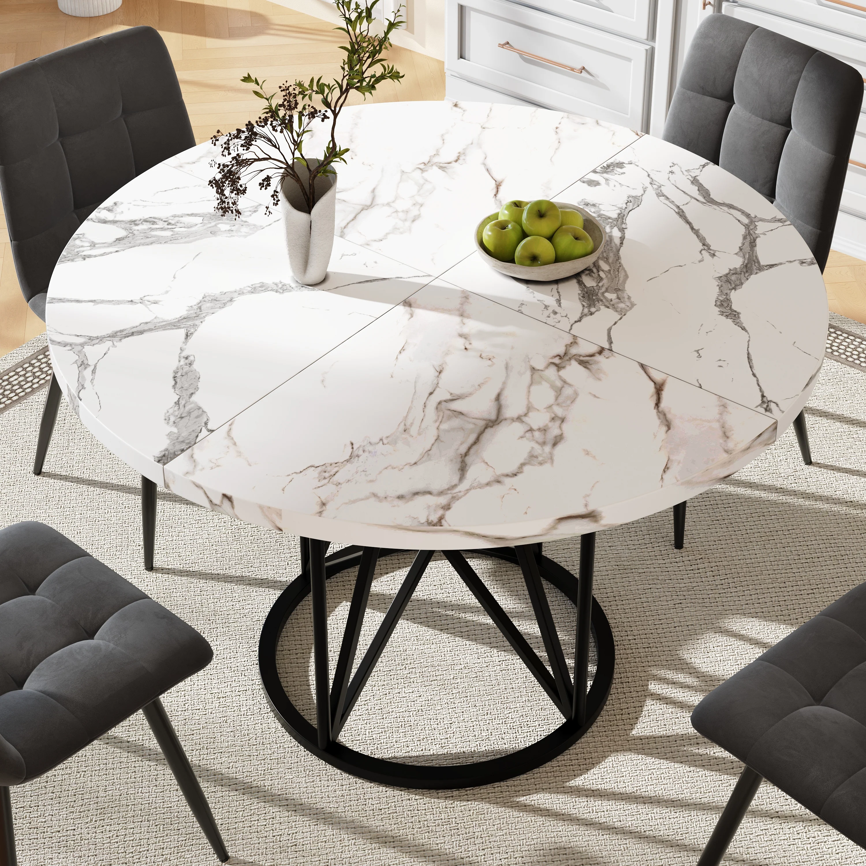 Dining Set 5-Piece Round 100cm White MDF Top - Grey Velvet Chairs - Image 3