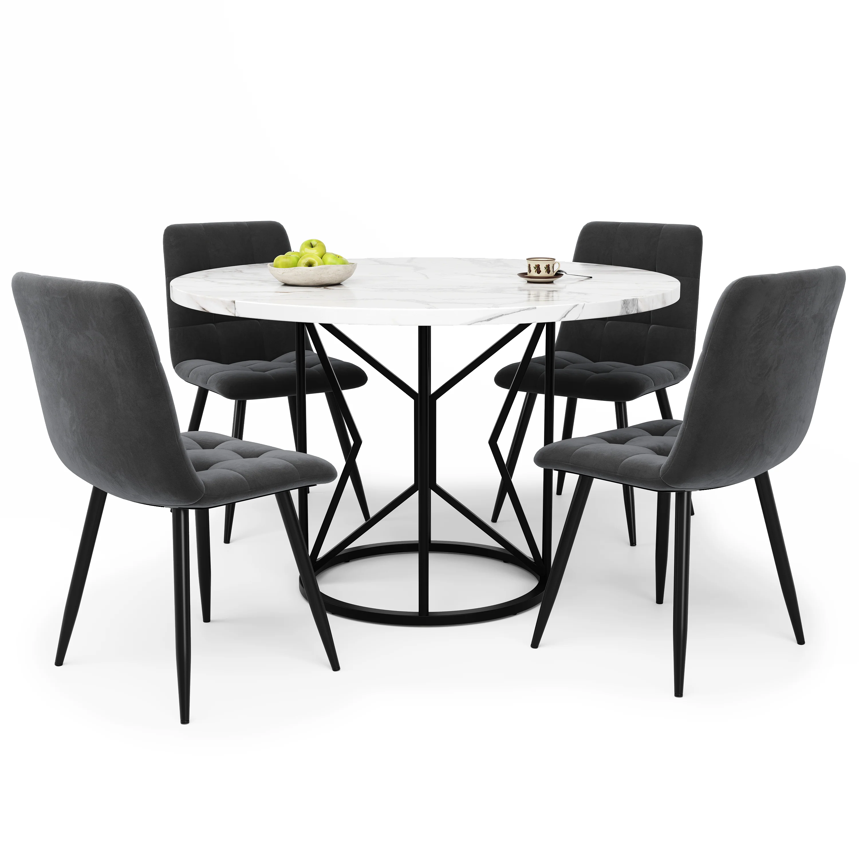 Dining Set 5-Piece Round 100cm White MDF Top - Grey Velvet Chairs - Image 5