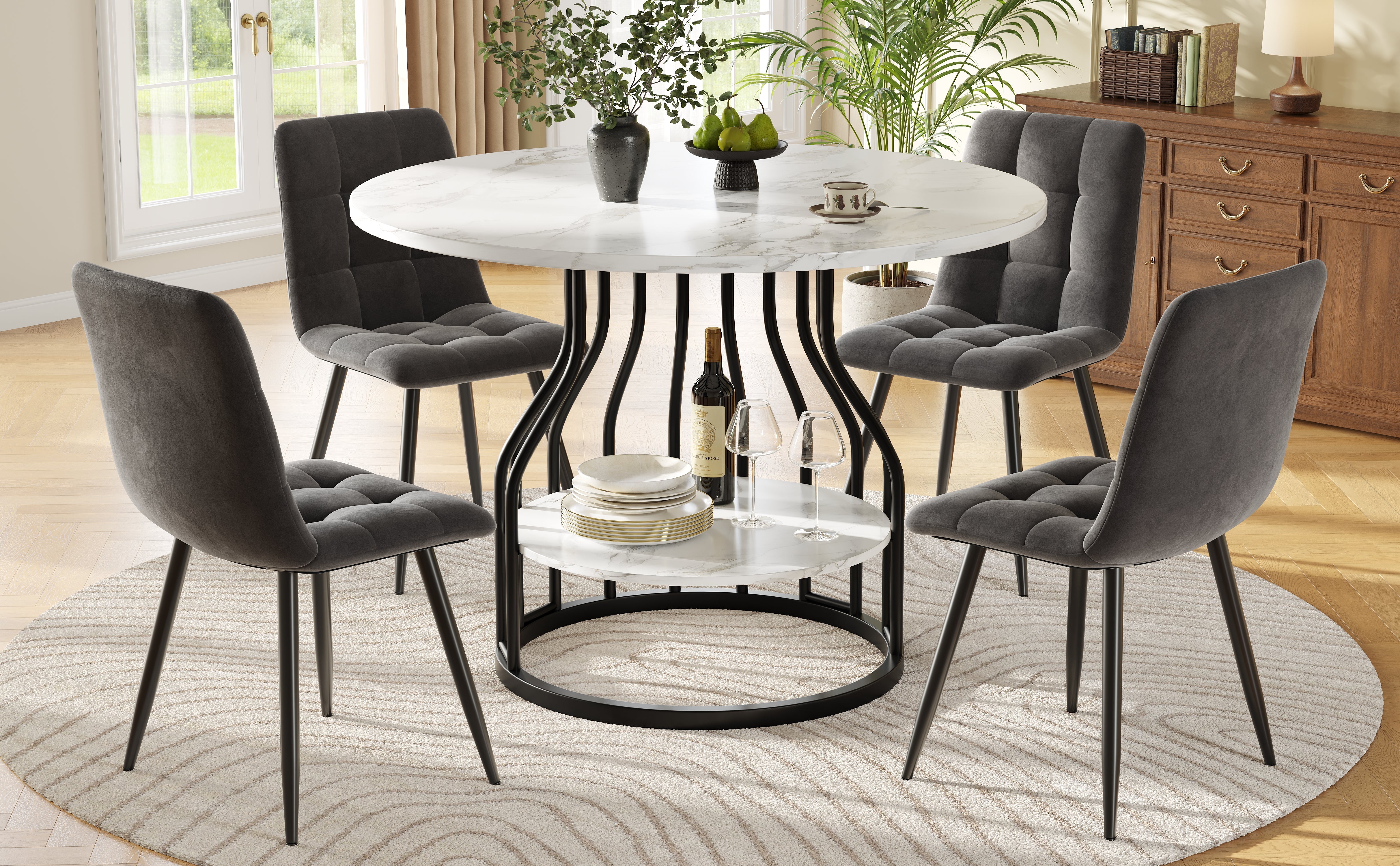 Dining Set 5-Piece Round 80cm Marble Top 4 Chairs - Grey Velvet - Image 2