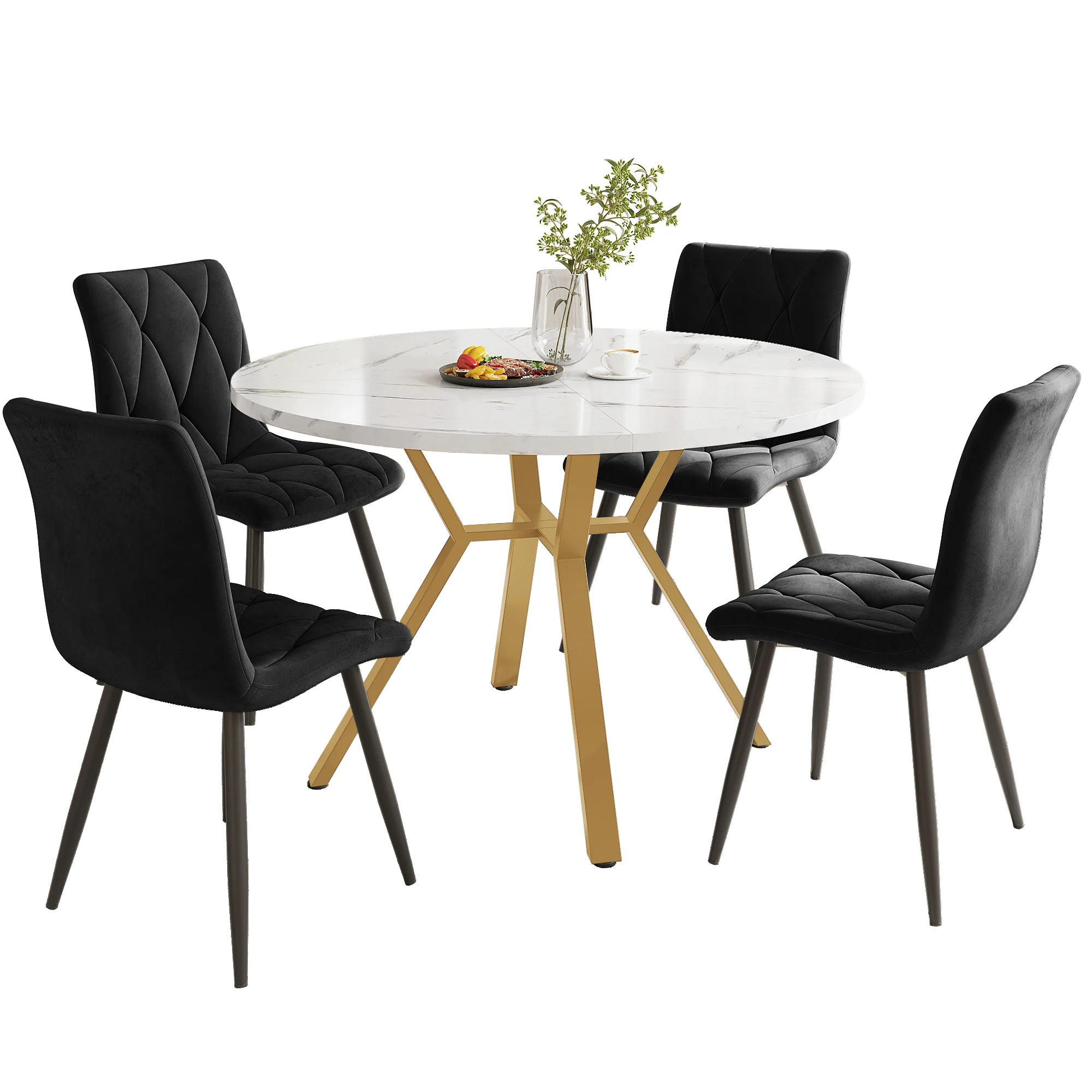 Dining Set 5-Piece Round Marble Table & 4 Velvet Chairs Gold Legs - Black - Image 3