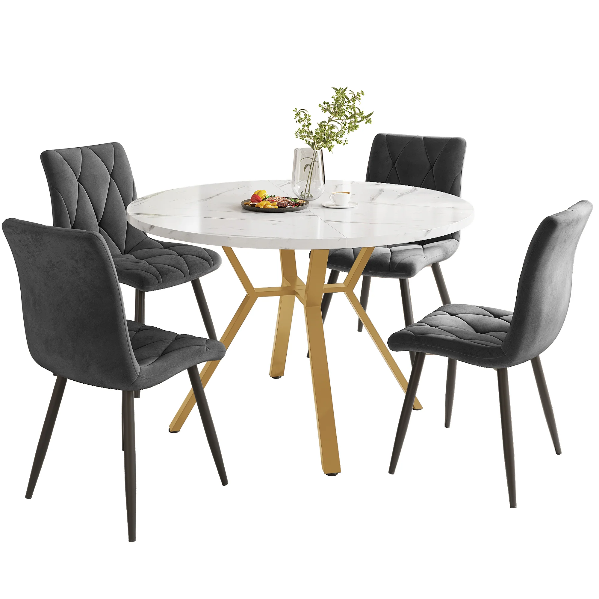 Dining Set 5-Piece Round Marble Table 4 Velvet Chairs - Grey - Image 2