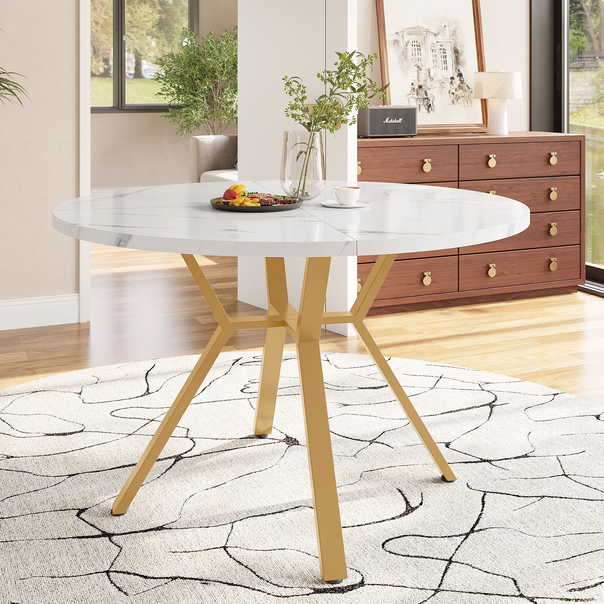 Dining Set 5-Piece Round Marble Table Gold Legs 4 Velvet Chairs - Green - Image 2