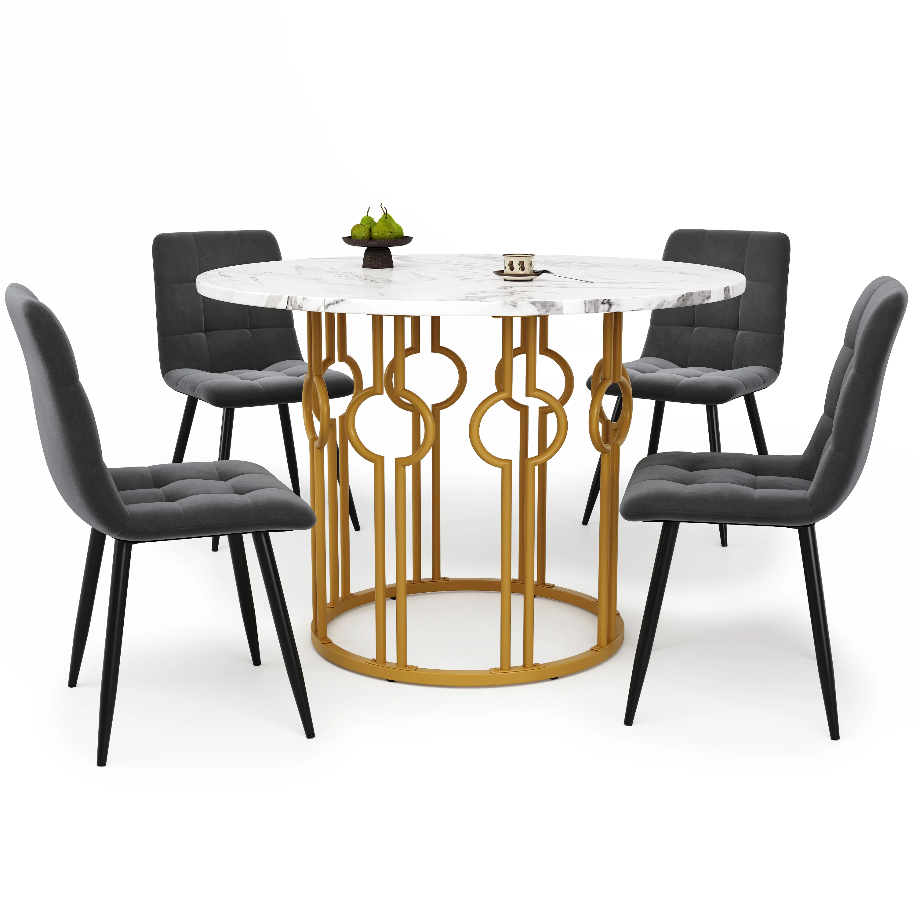 Dining Set 5-Piece Round Table 100cm, 4 Chairs, Gold Metal Legs, White MDF Top | Dark Grey Velvet - Image 3