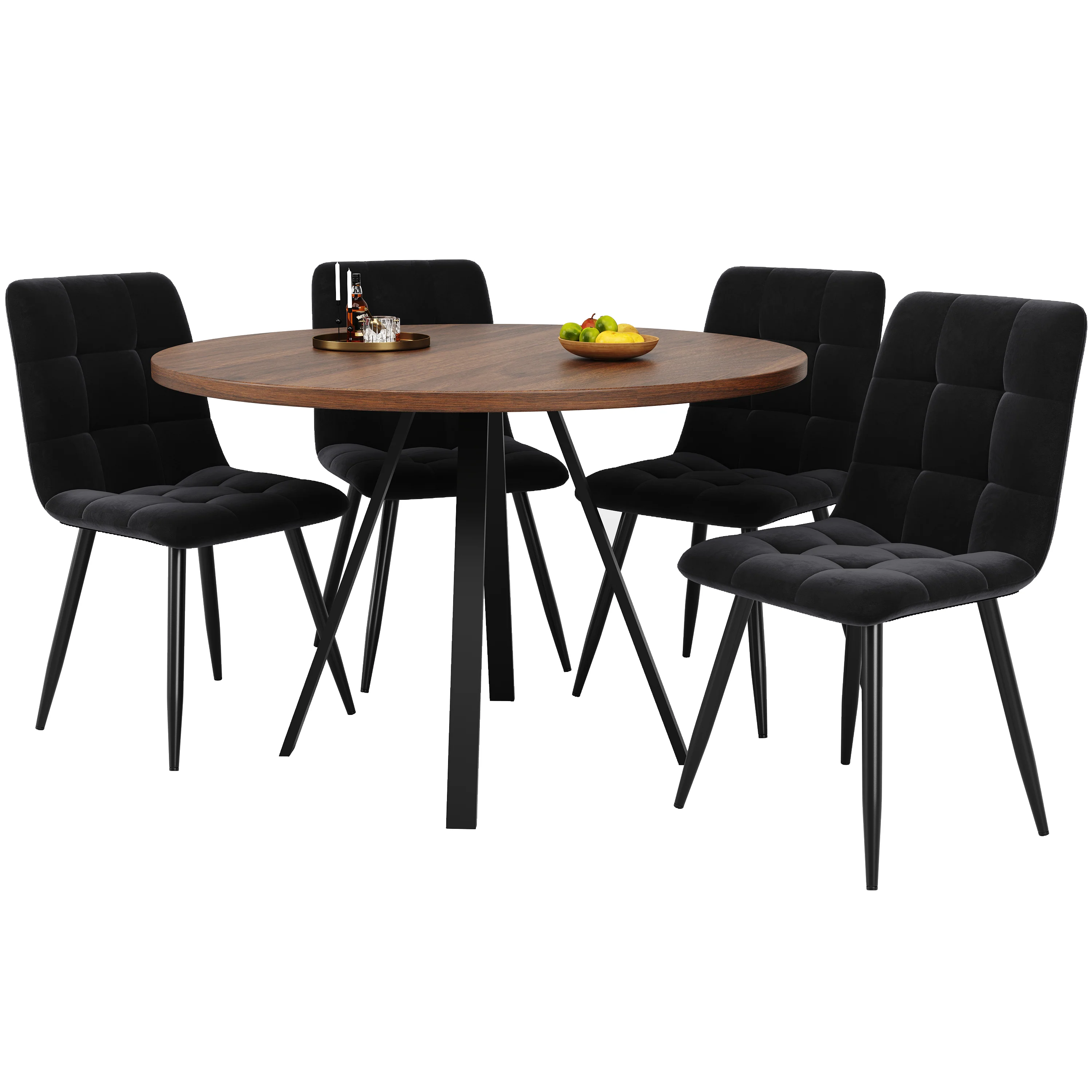 Dining Set 5-Piece Round Table 80cm 4 Chairs Velvet - Walnut/Black - Image 3