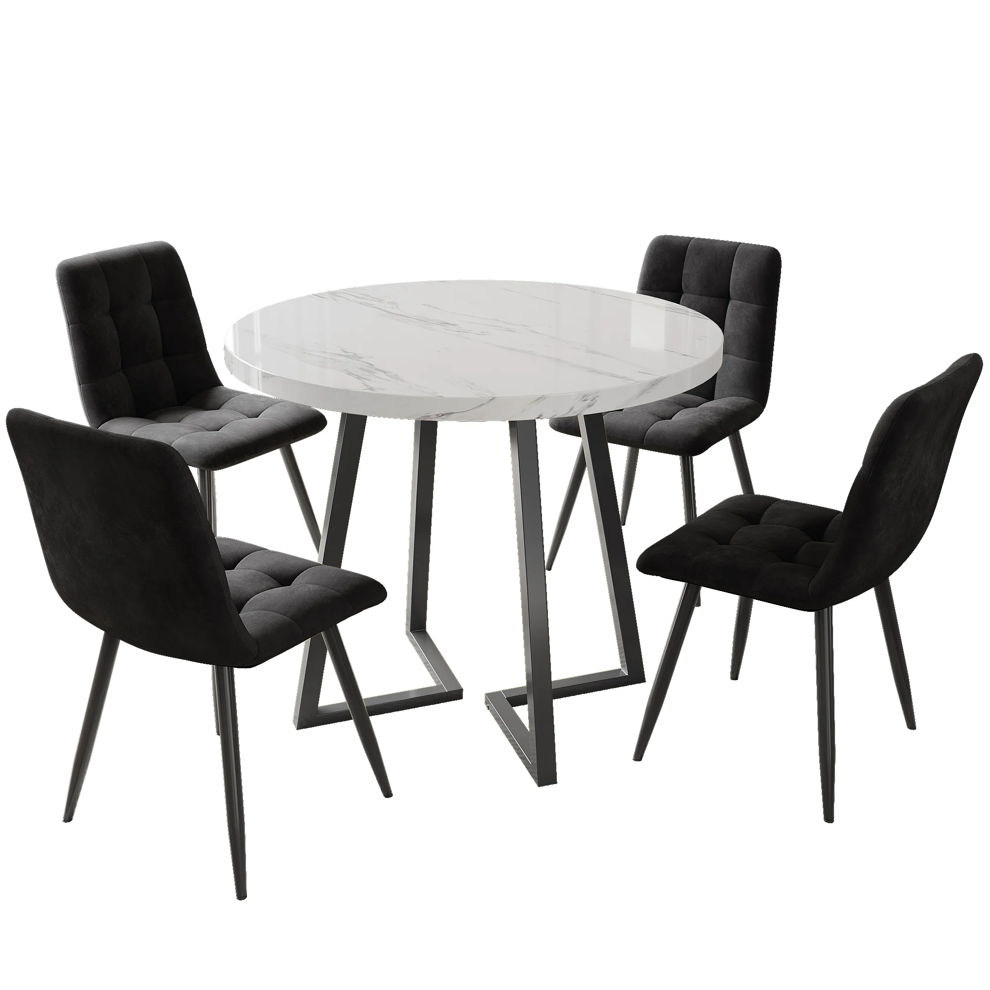 Dining Set 5-Piece Round Table Black Metal White MDF Black Velvet - Image 2