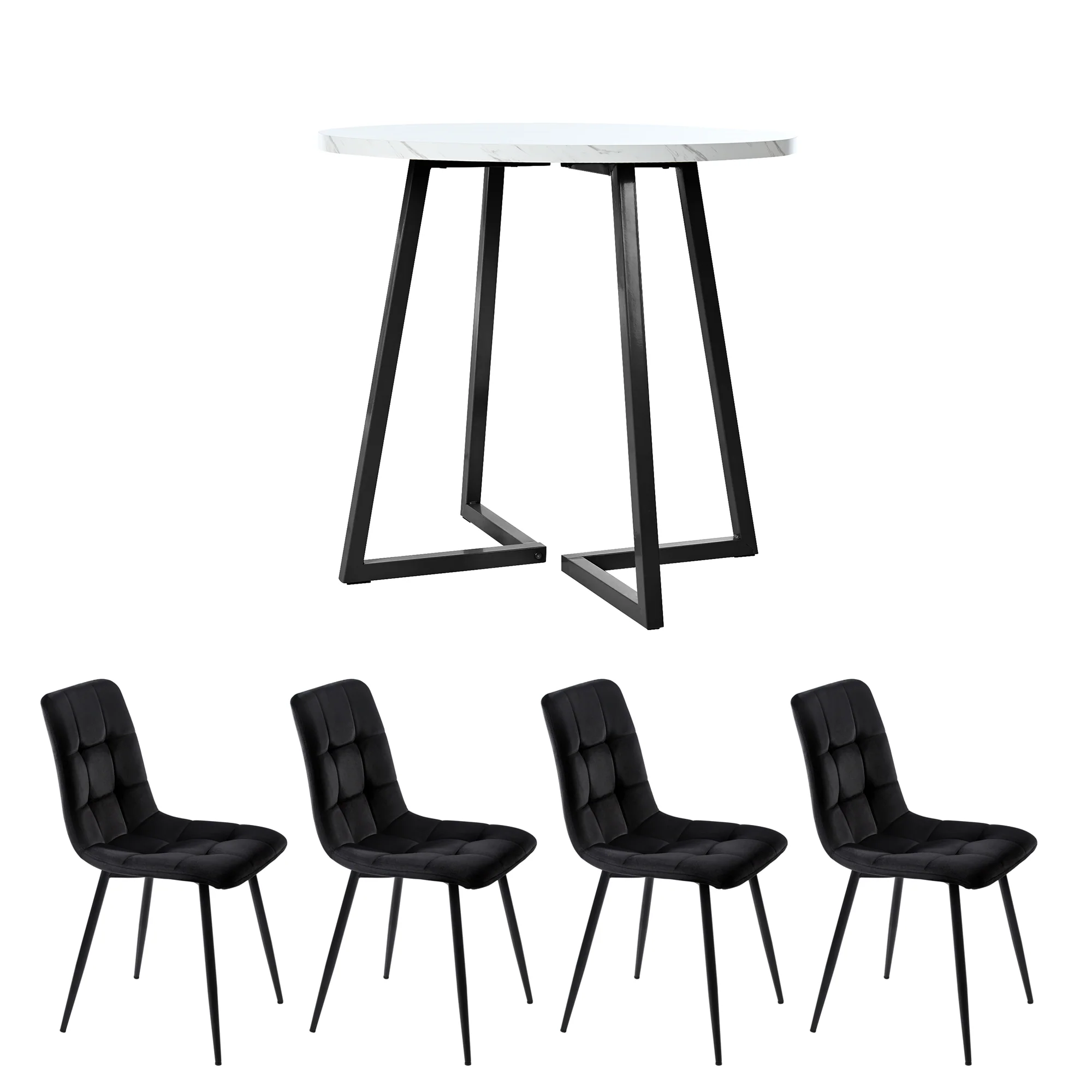 Dining Set 5-Piece Round Table Black Metal White MDF Black Velvet - Image 3