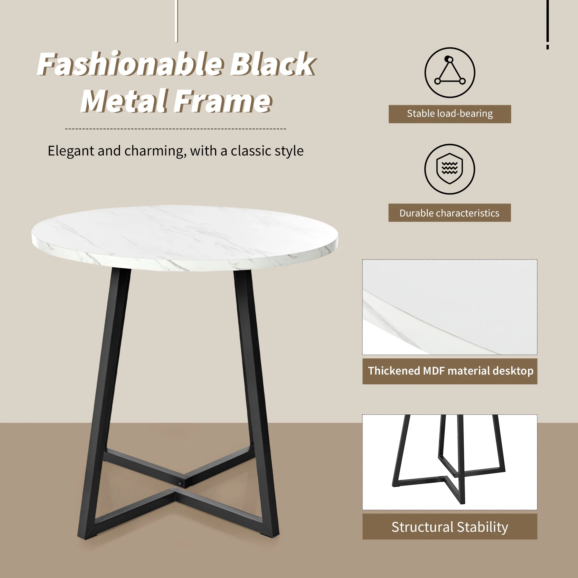 Dining Set 5-Piece Round Table Black Metal White MDF Black Velvet - Image 7