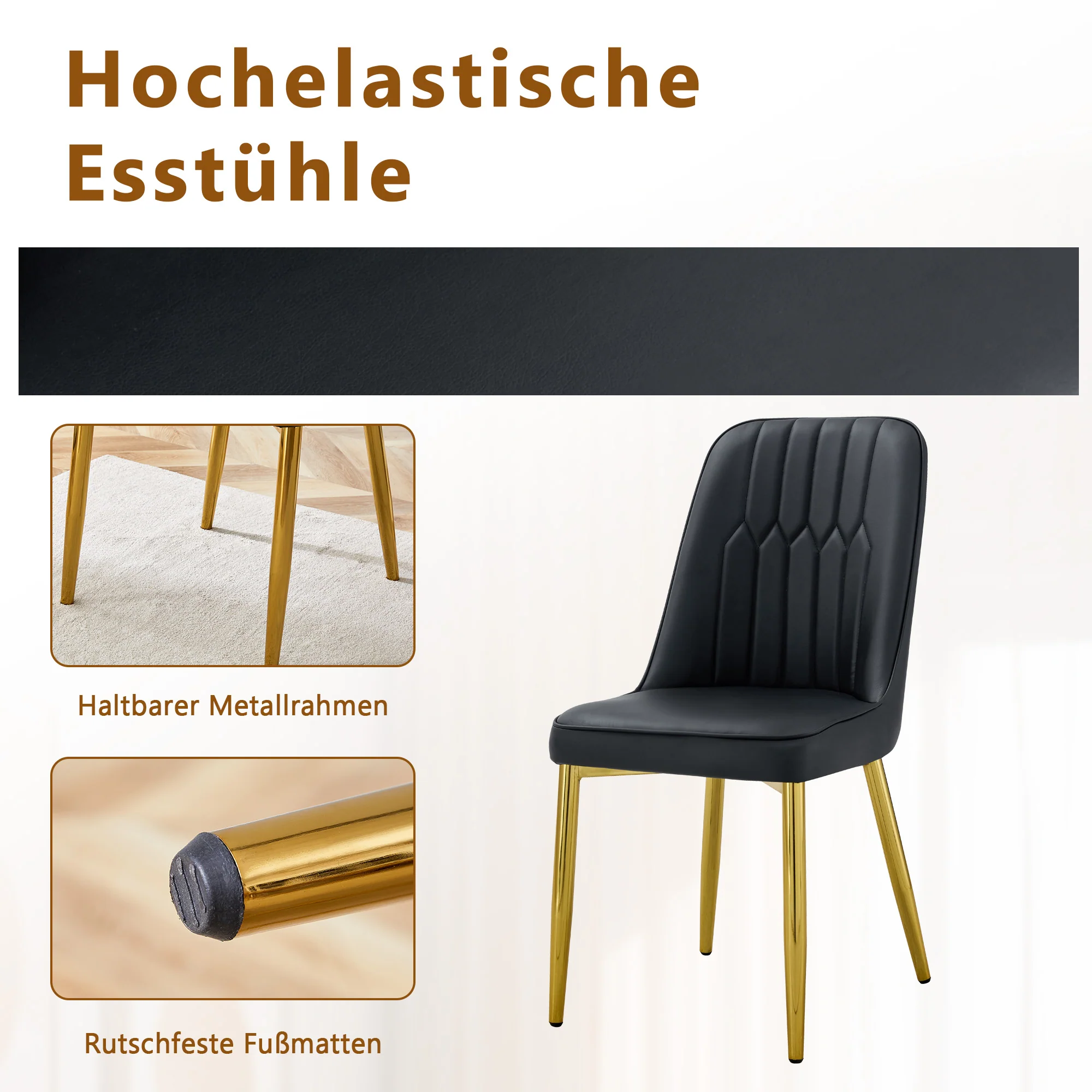 Dining Set 85cm Round Glass Table 4 Black PU Chairs Gold Legs - Image 10
