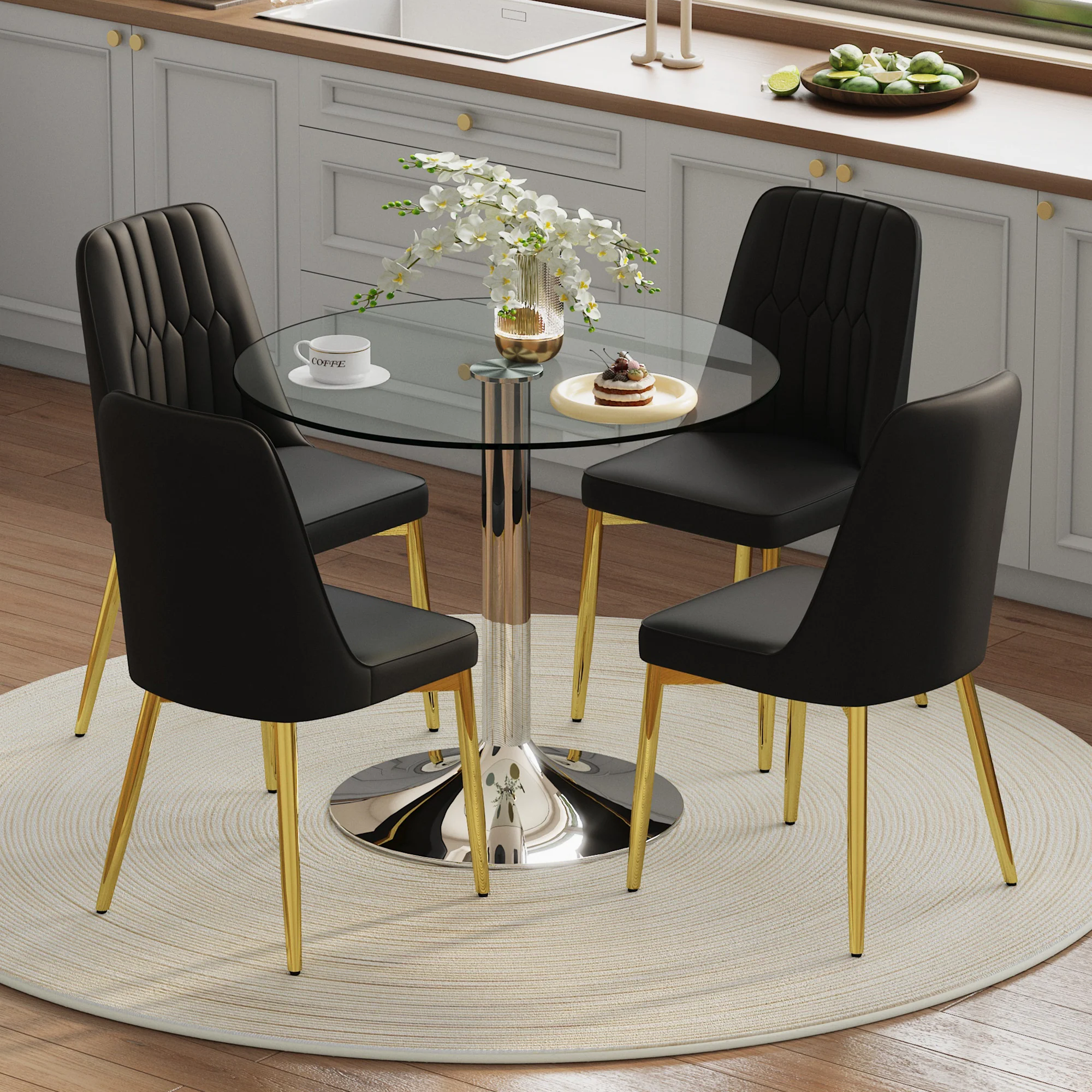 Dining Set 85cm Round Glass Table 4 Black PU Chairs Gold Legs - Image 2