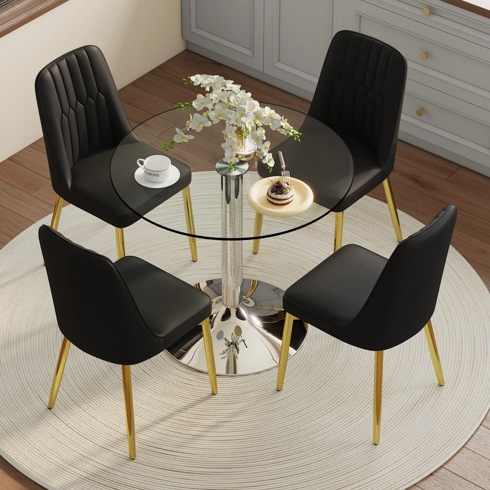 Dining Set 85cm Round Glass Table 4 Black PU Chairs Gold Legs - Image 3