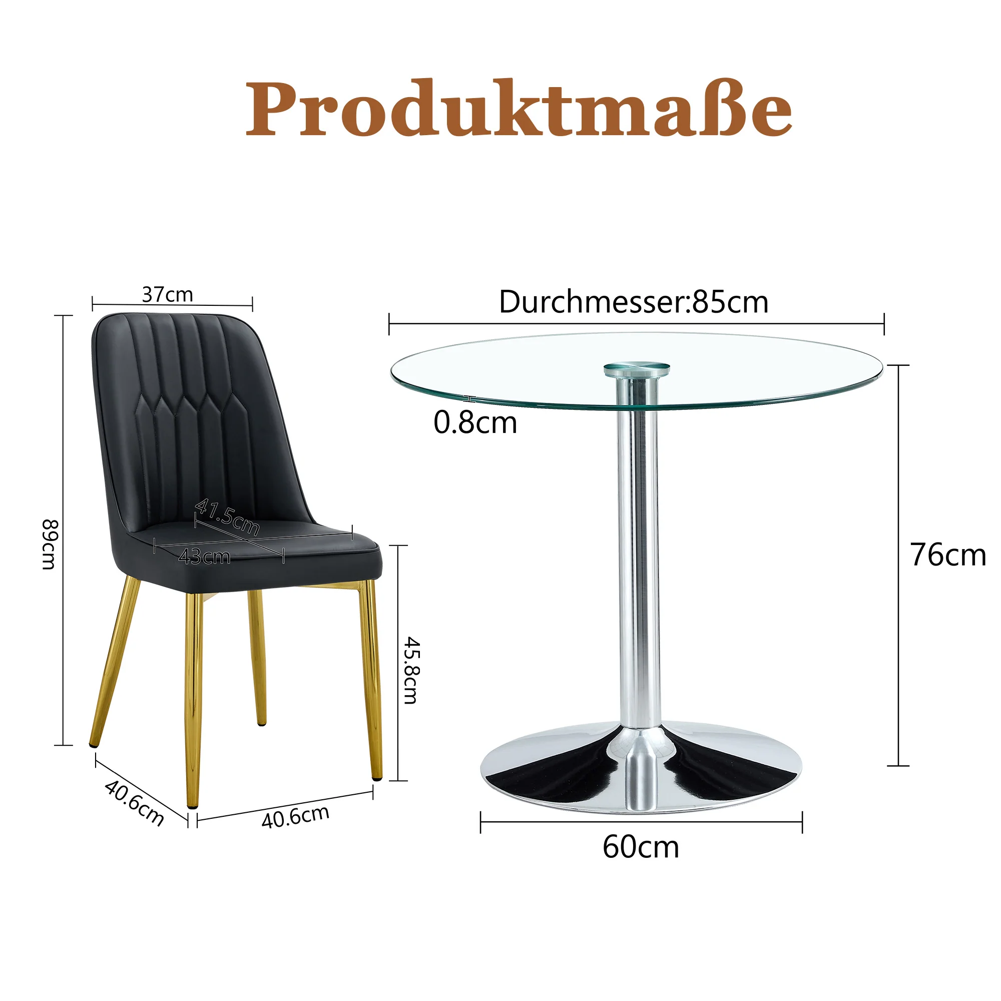 Dining Set 85cm Round Glass Table 4 Black PU Chairs Gold Legs - Image 4