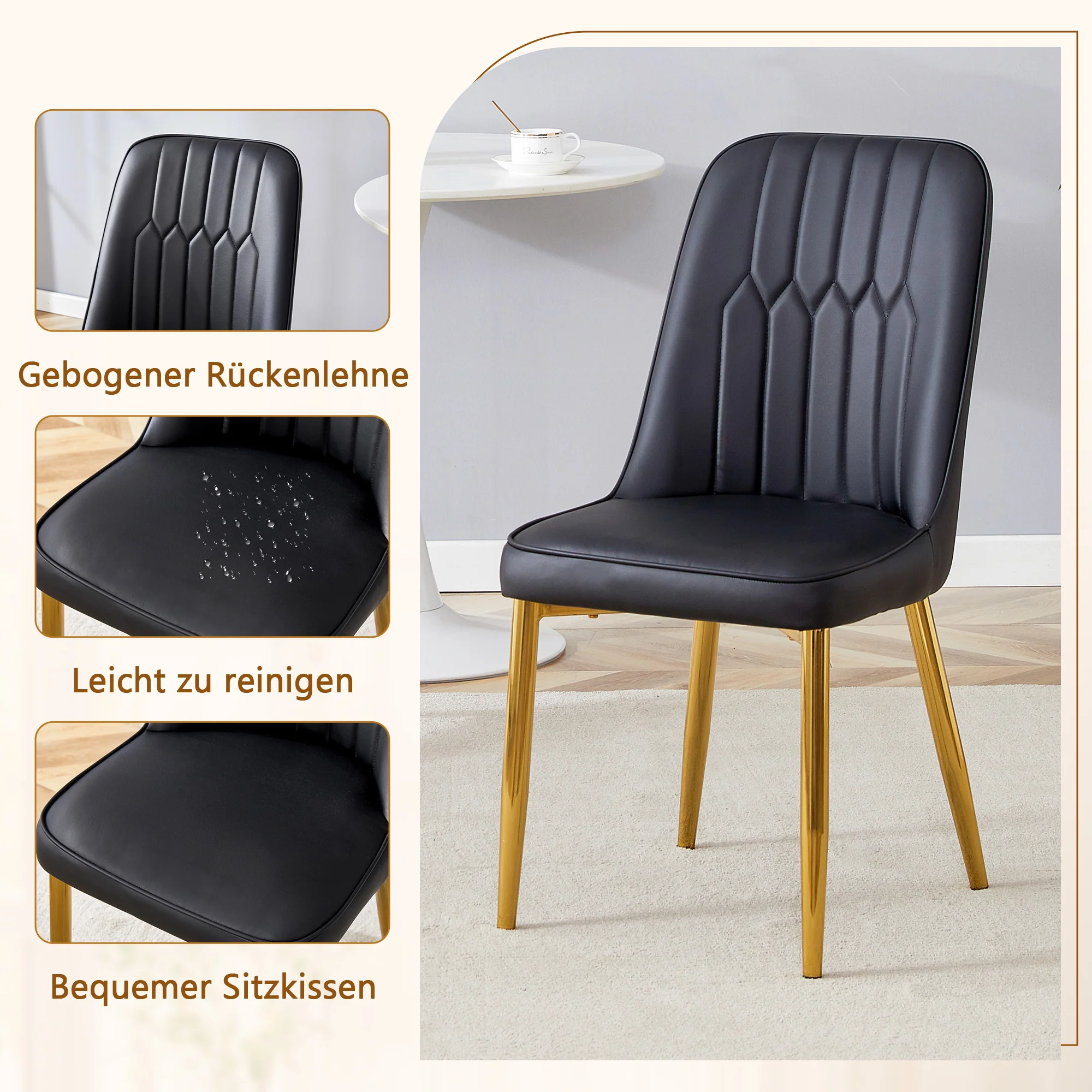Dining Set 85cm Round Glass Table 4 Black PU Chairs Gold Legs - Image 8