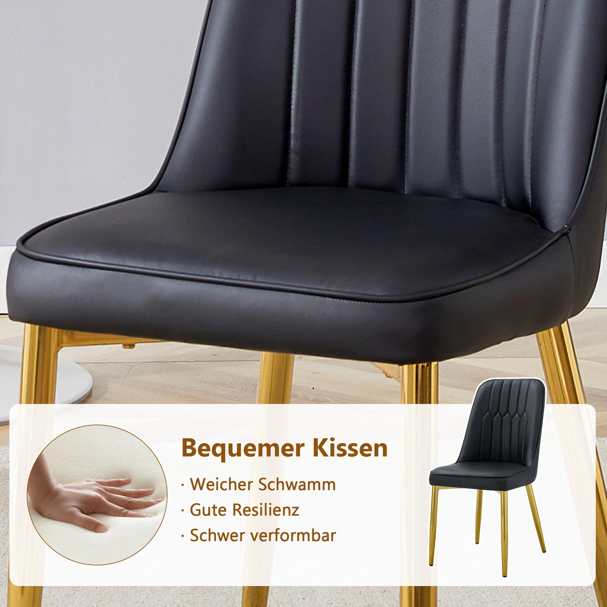 Dining Set 85cm Round Glass Table 4 Black PU Chairs Gold Legs - Image 9