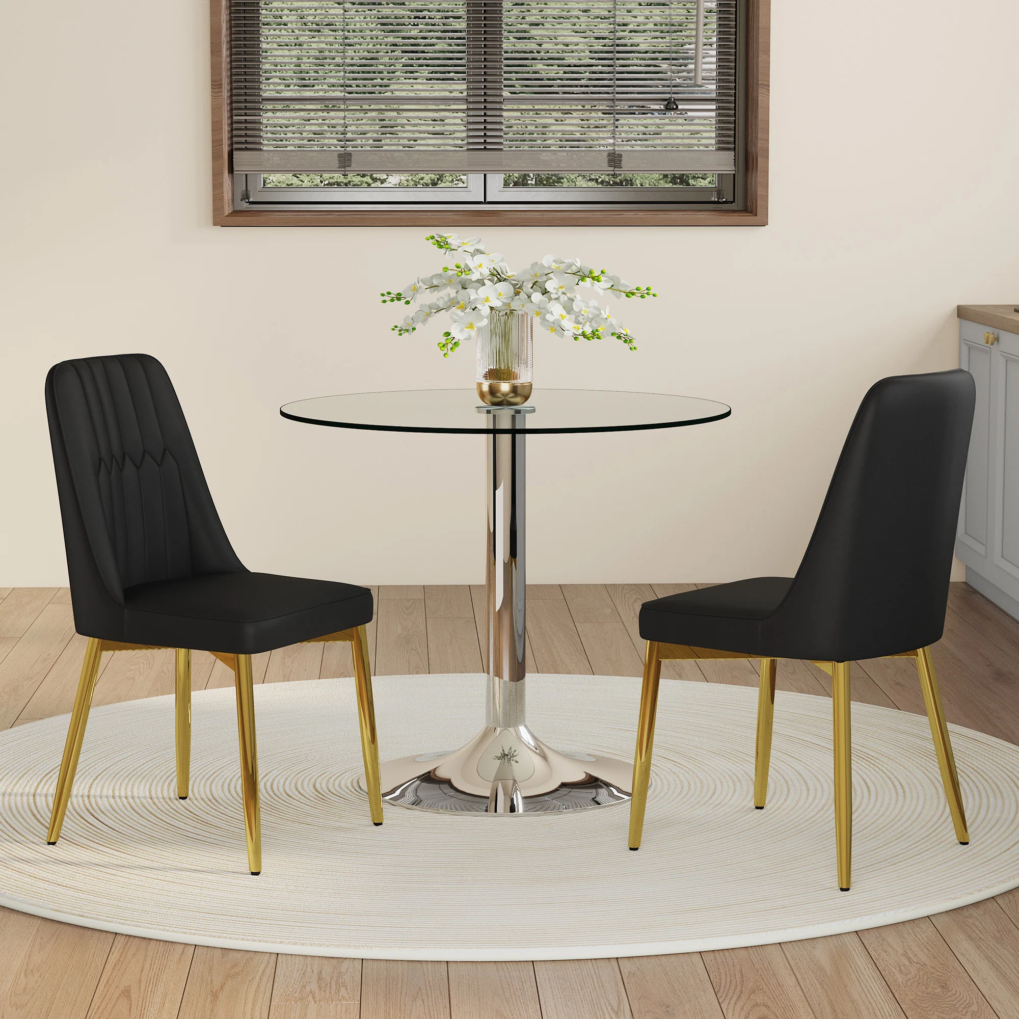 Dining Set 85cm Round Tempered Glass Table with 2 Black PU Chairs - Black/Gold - Image 3