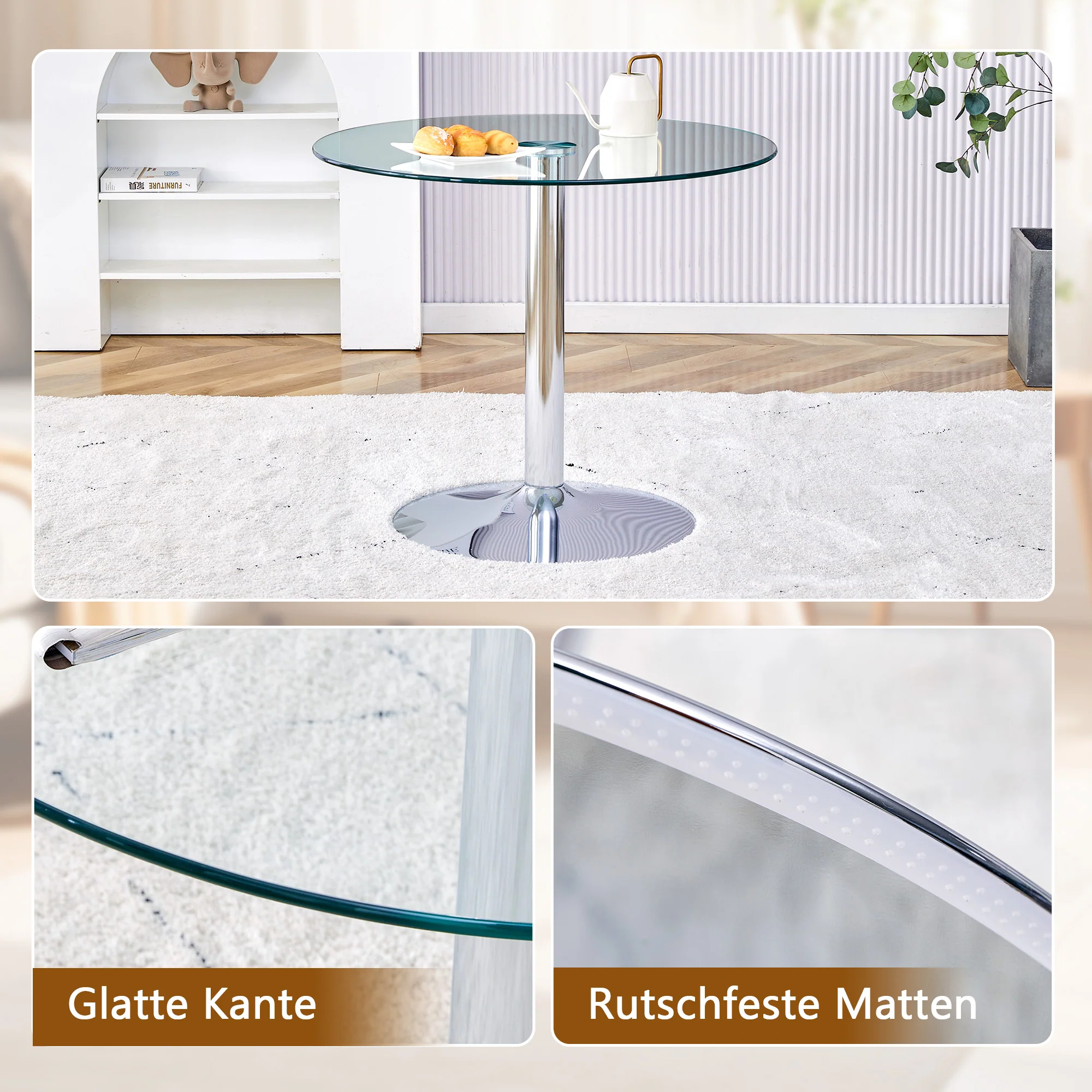 Dining Set 85cm Round Tempered Glass Table with 2 Black PU Chairs - Black/Gold - Image 5