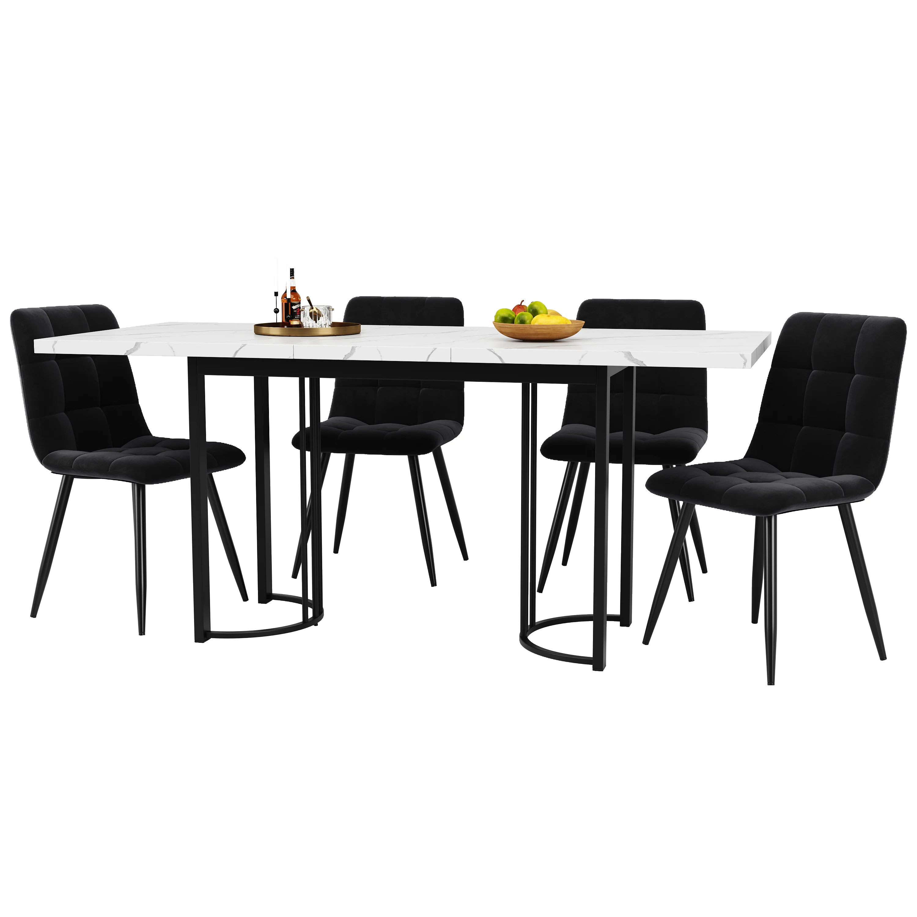 Dining Set Extendable 5-Piece Rectangular Table 4 Chairs - Black Velvet - Image 2