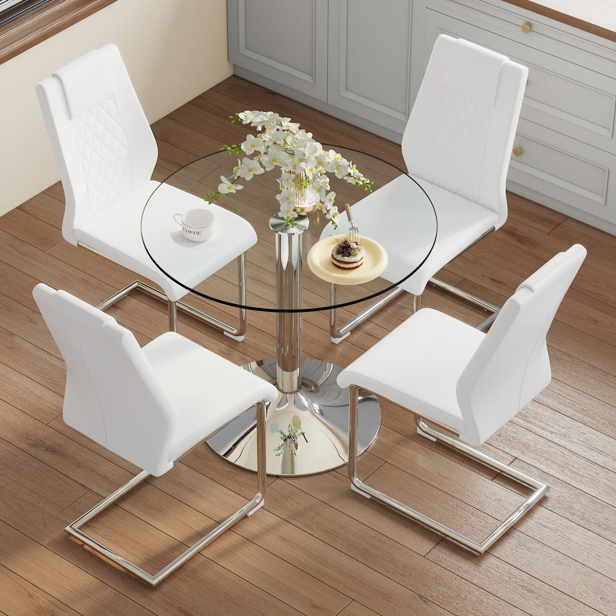 Dining Set - Minimalist Glass Table 85cm with 4 Chairs Metal Legs - White PU