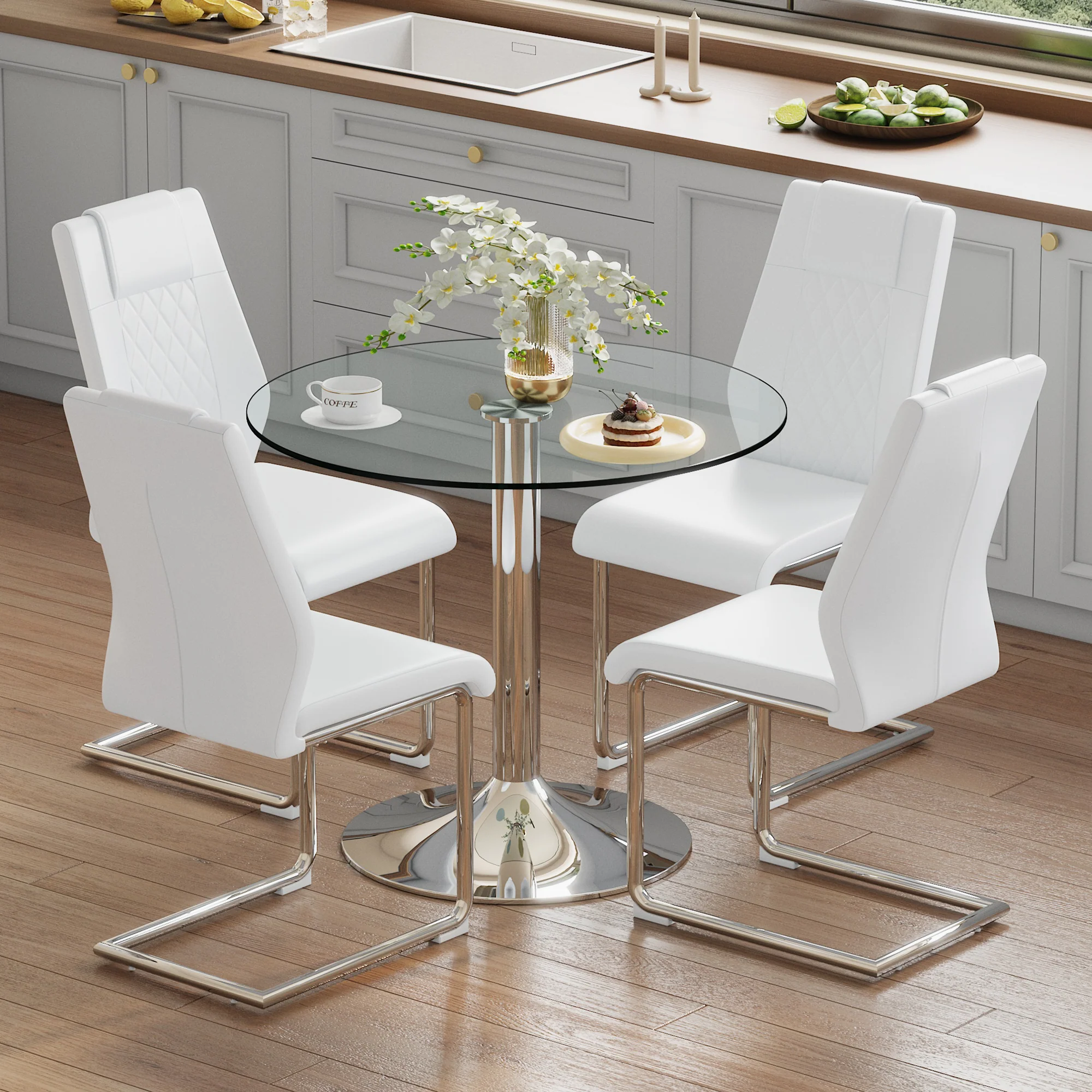Dining Set - Minimalist Glass Table 85cm with 4 Chairs Metal Legs - White PU - Image 2