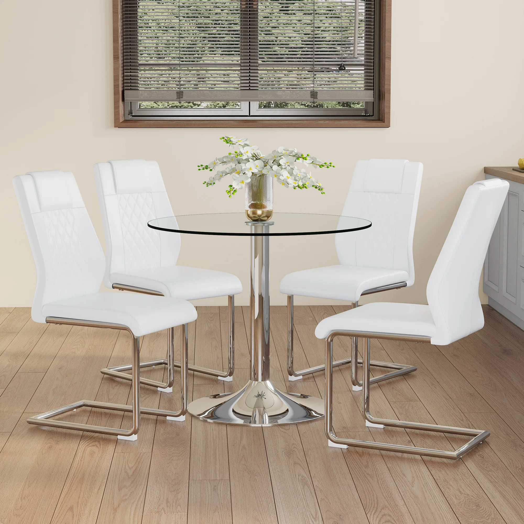 Dining Set - Minimalist Glass Table 85cm with 4 Chairs Metal Legs - White PU - Image 3