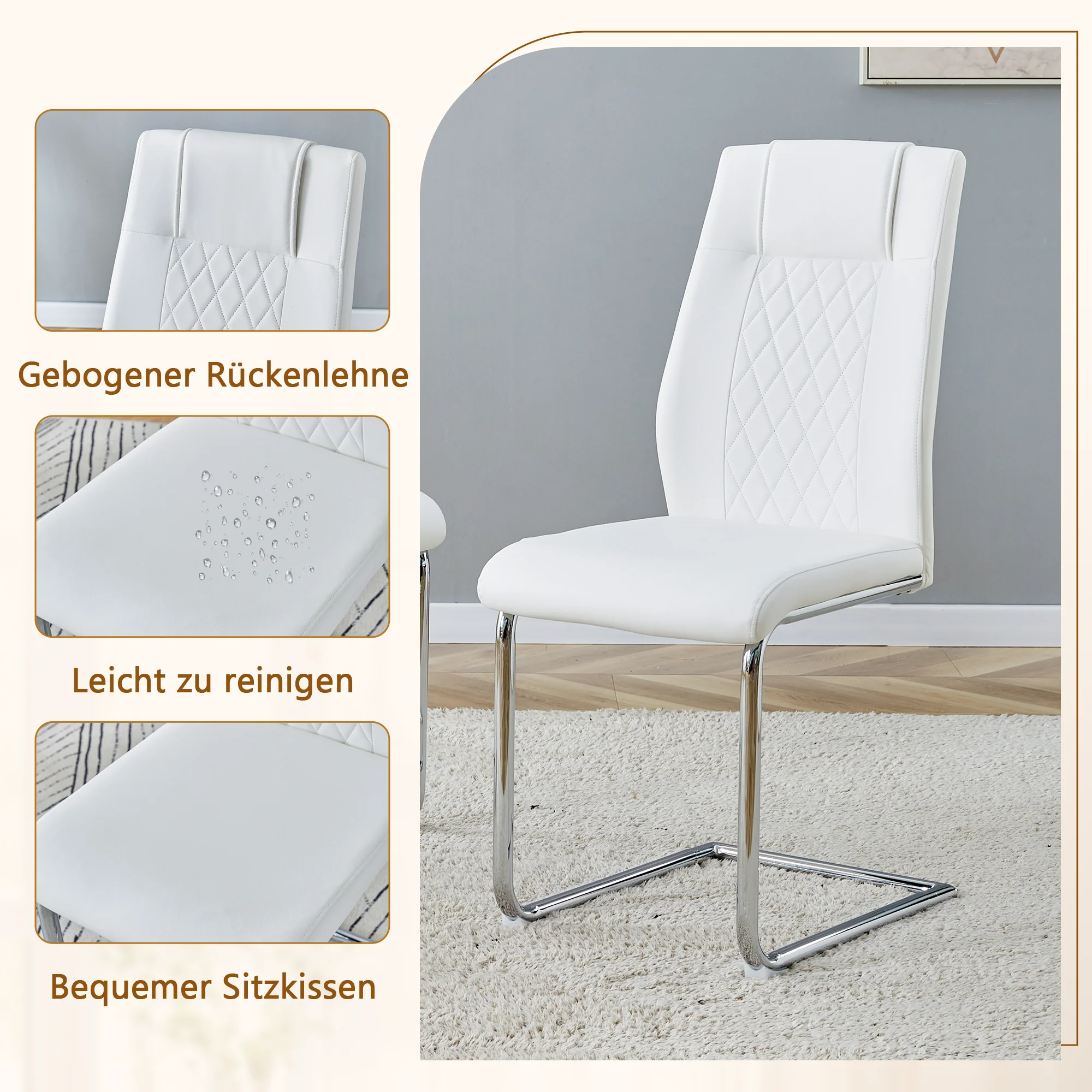 Dining Set - Minimalist Glass Table 85cm with 4 Chairs Metal Legs - White PU - Image 6