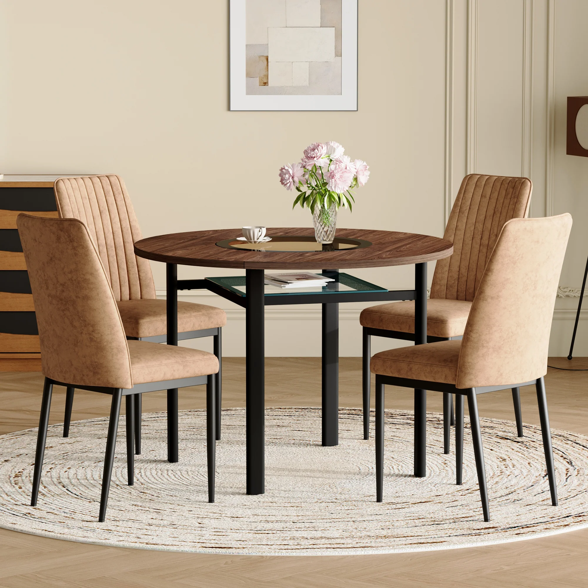 Dining Set Minimalist Round Glass Table 85cm 4 Chairs - Brown - Image 2
