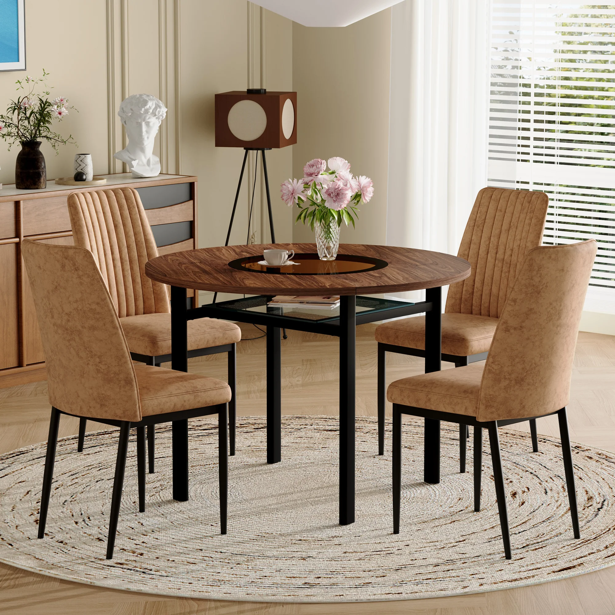 Dining Set Minimalist Round Glass Table 85cm 4 Chairs - Brown - Image 3