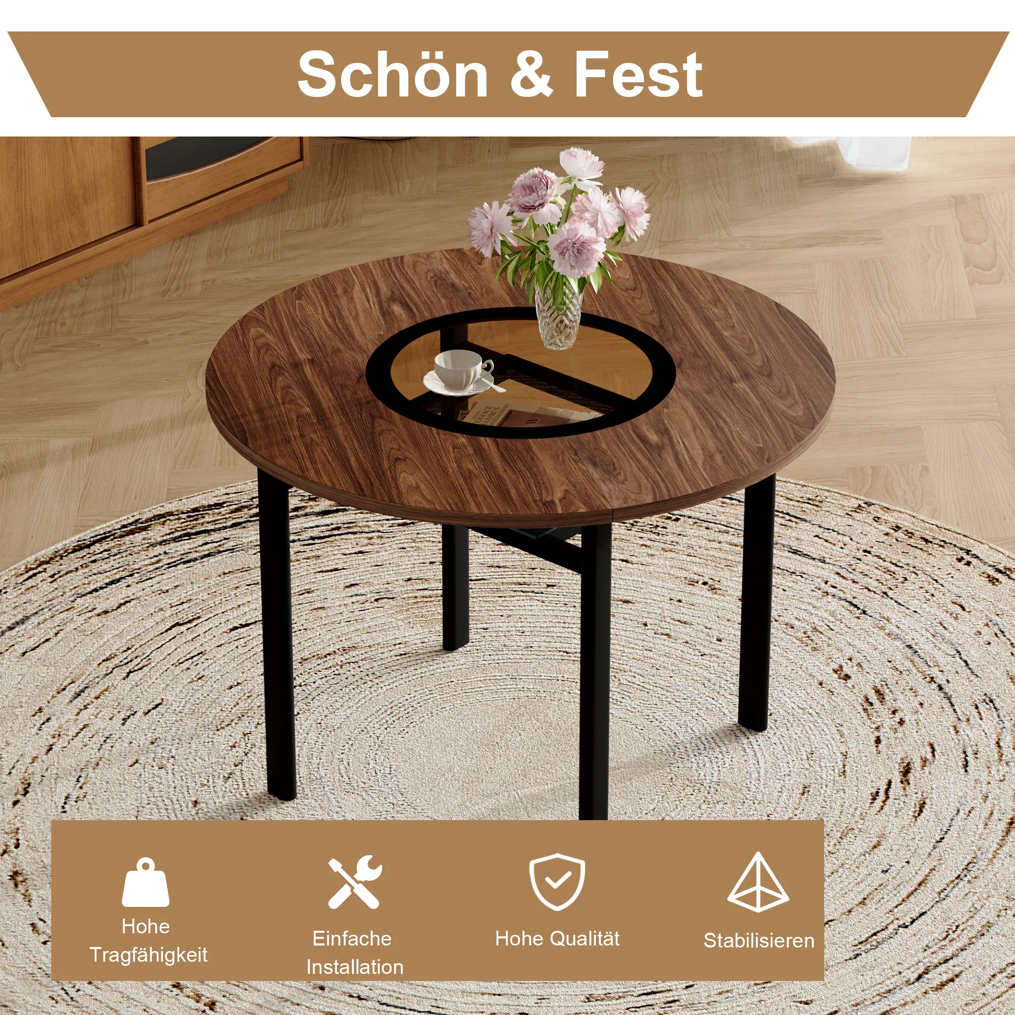 Dining Set Minimalist Round Glass Table 85cm 4 Chairs - Brown - Image 8