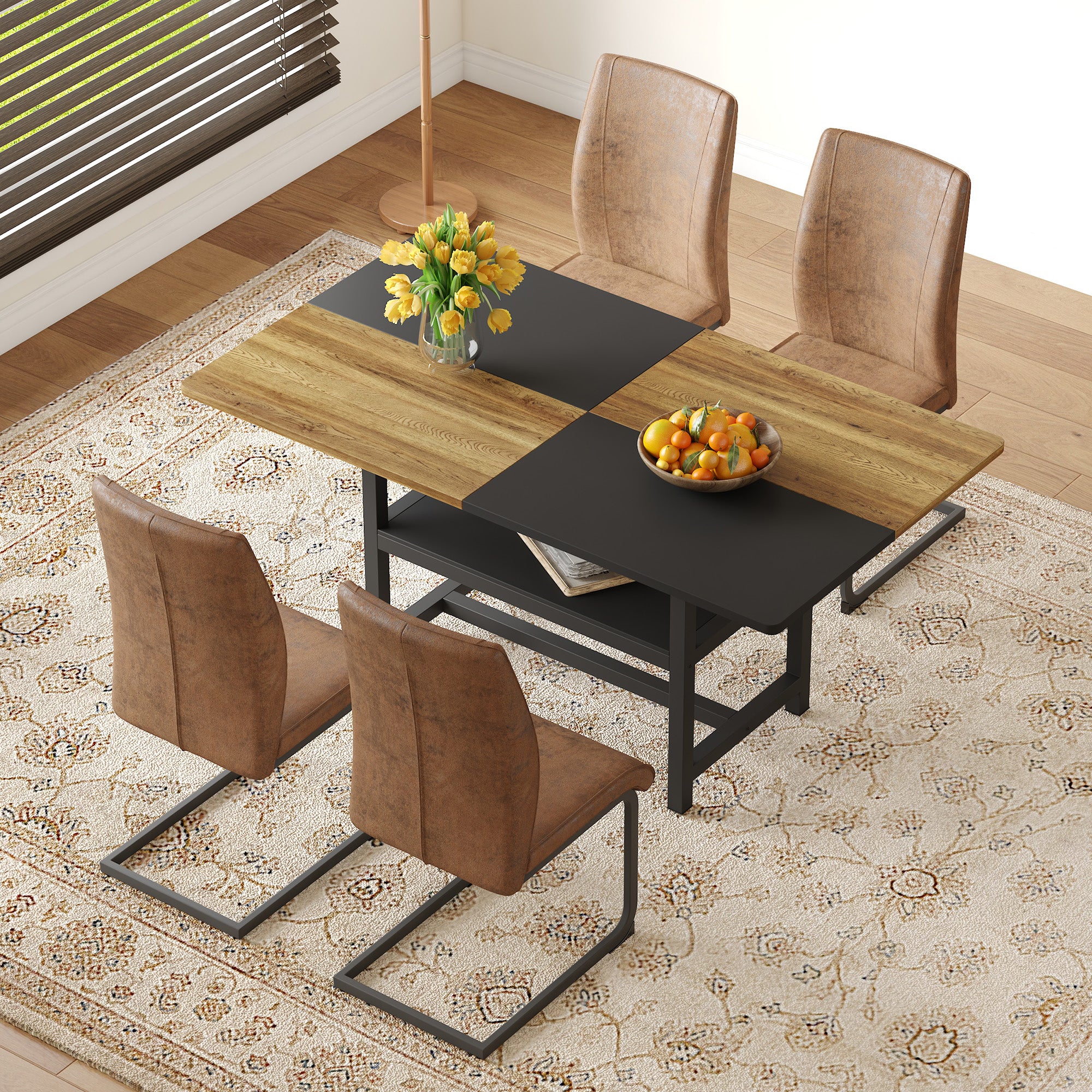 Dining Set Rectangular Table Storage Shelf 4 Armchairs 160x90cm - Brown Tech Fabric