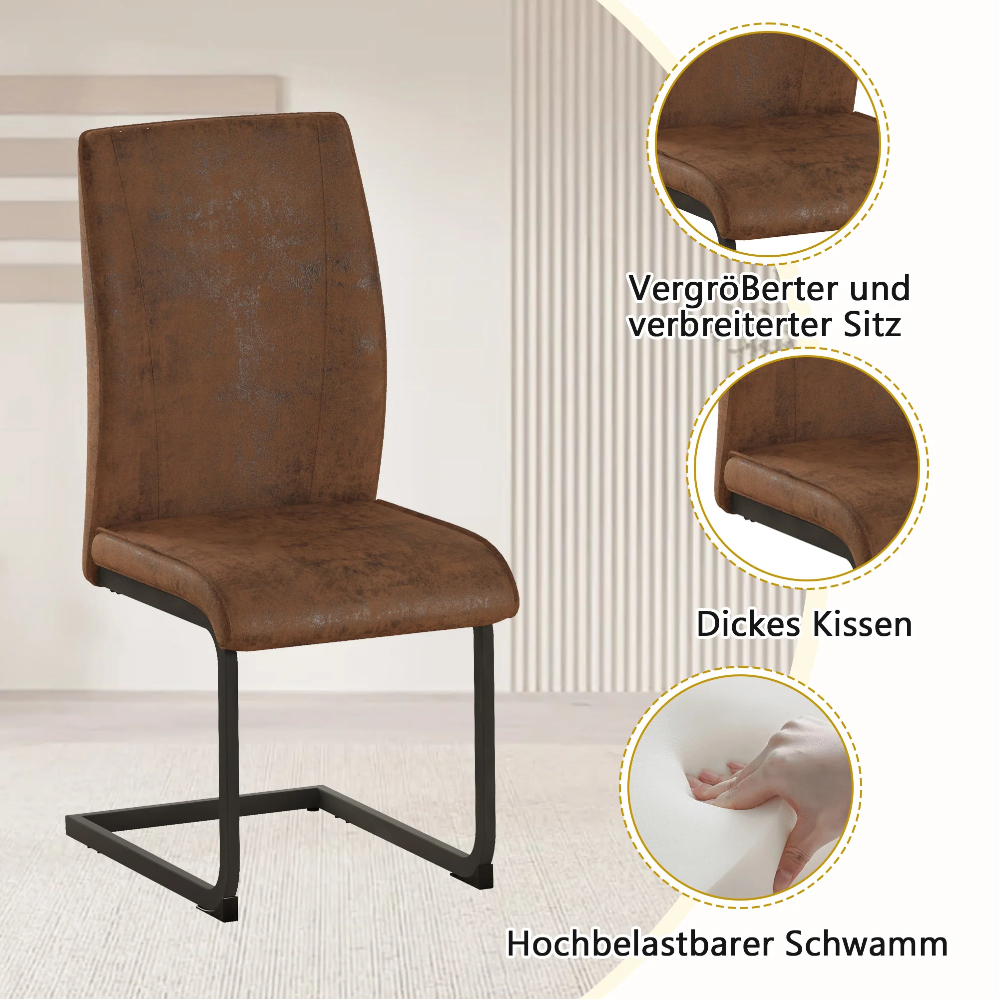 Dining Set Rectangular Table Storage Shelf 4 Armchairs 160x90cm - Brown Tech Fabric - Image 6