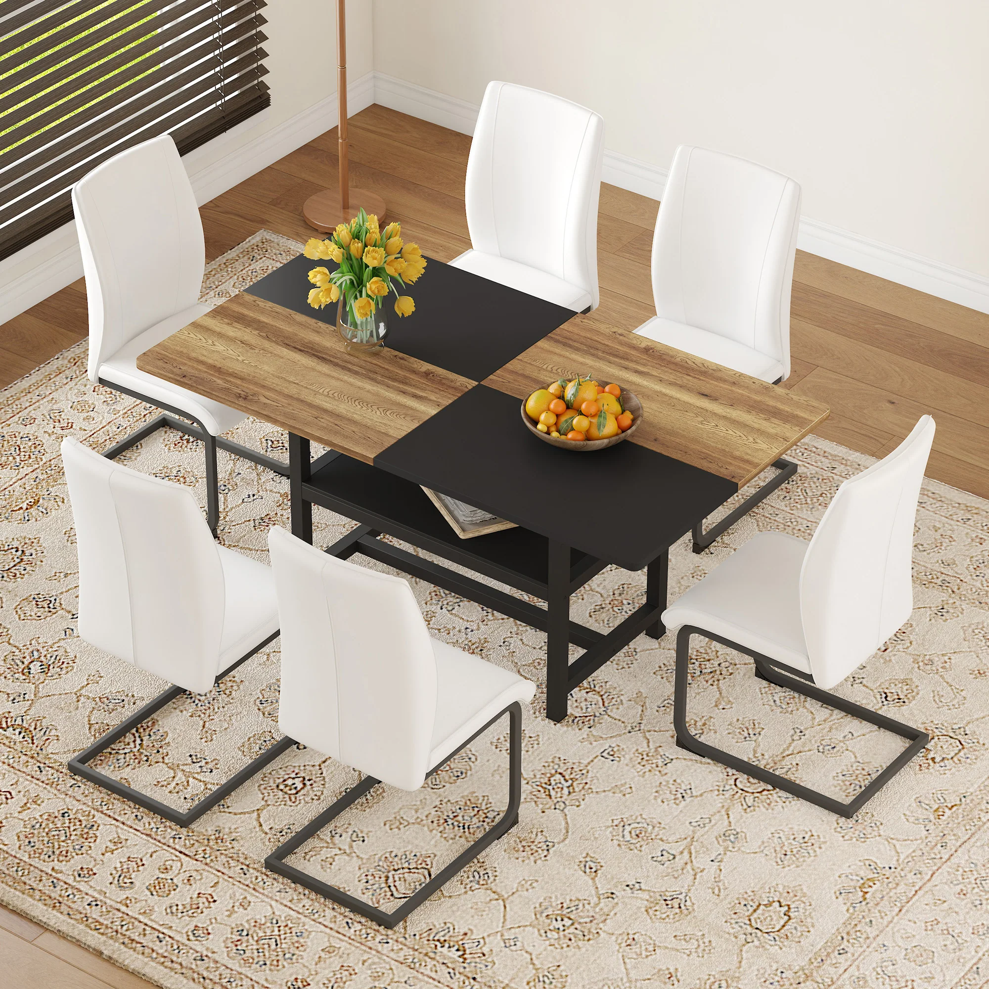 Dining Set - Rectangular Table Storage Shelf 6 Armchairs 160x90cm - White Faux Leather - Image 2