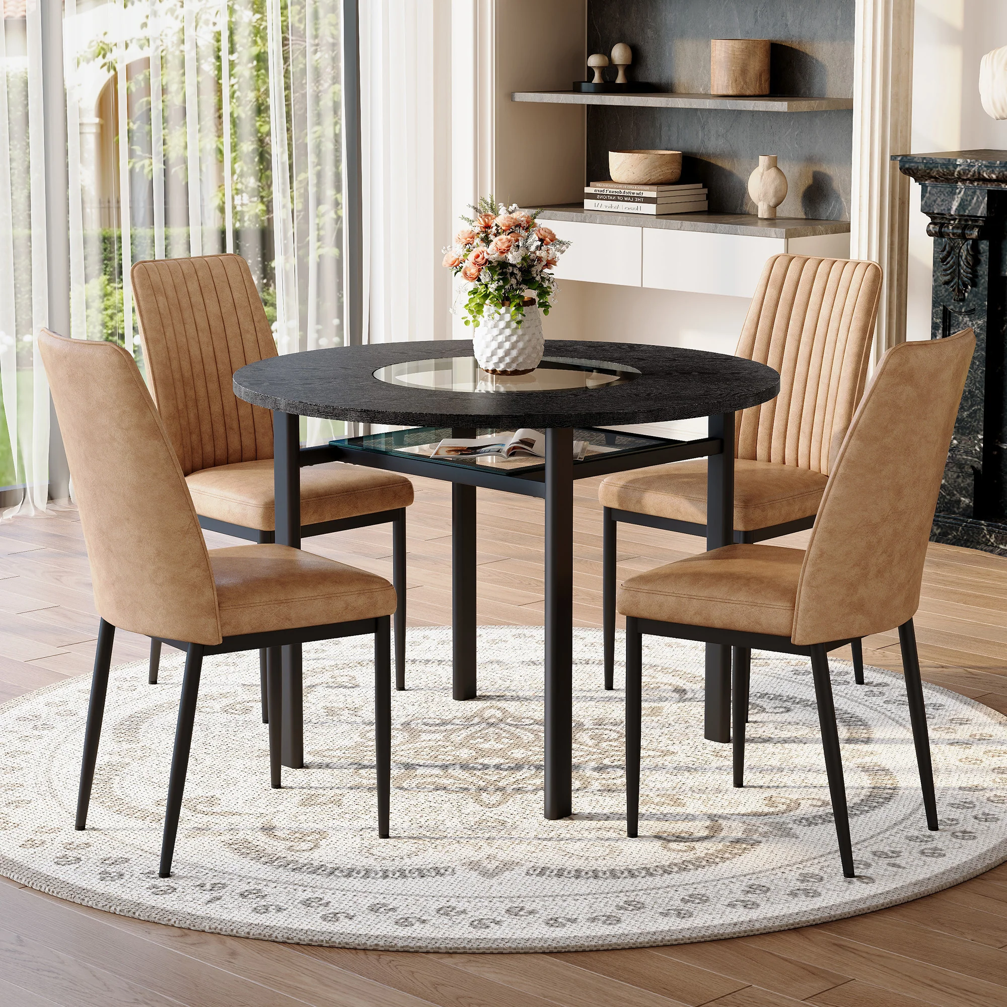Dining Set Round 100cm Table Storage 4 Chairs - Black Wood Look/Brown Fabric - Image 2