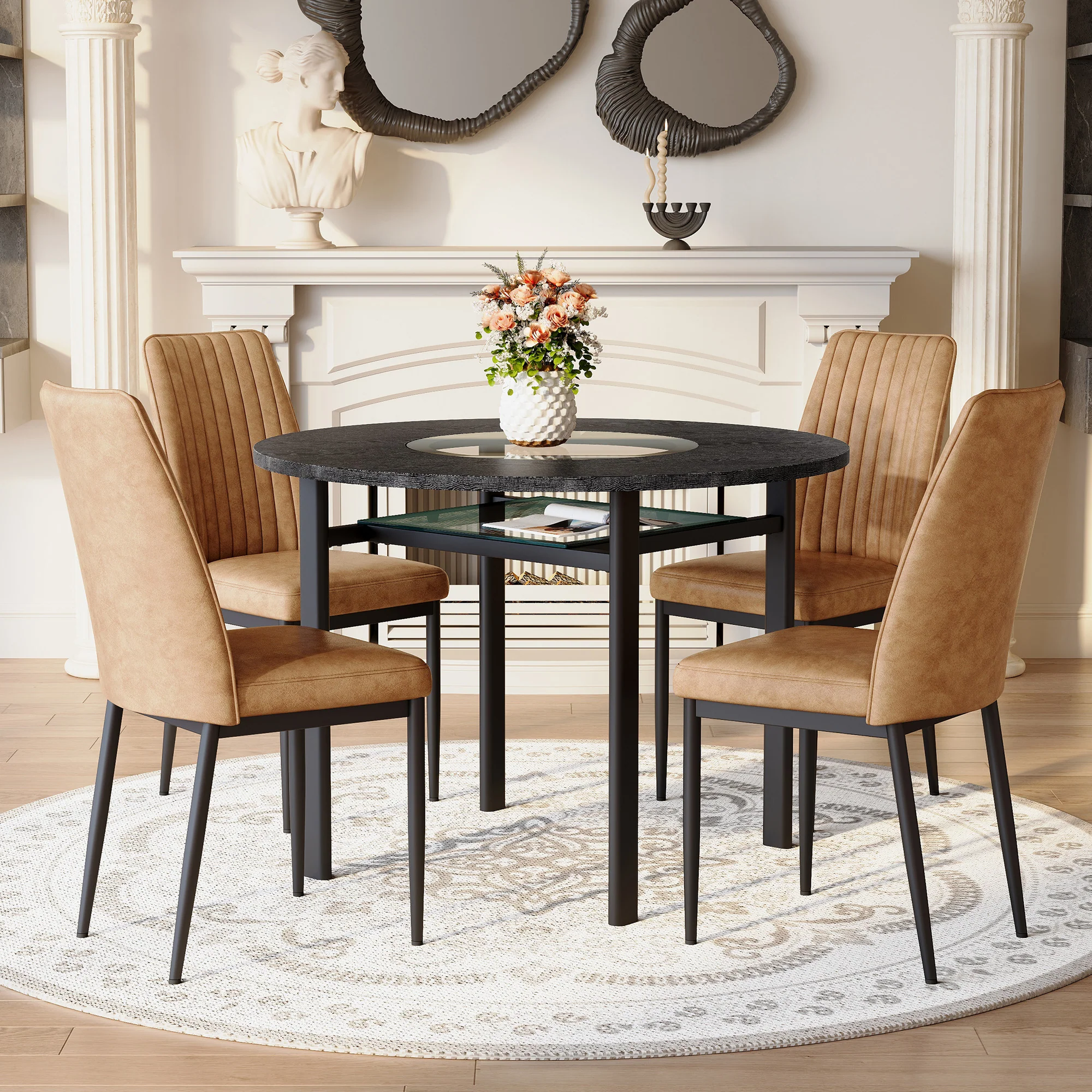 Dining Set Round 100cm Table Storage 4 Chairs - Black Wood Look/Brown Fabric - Image 3