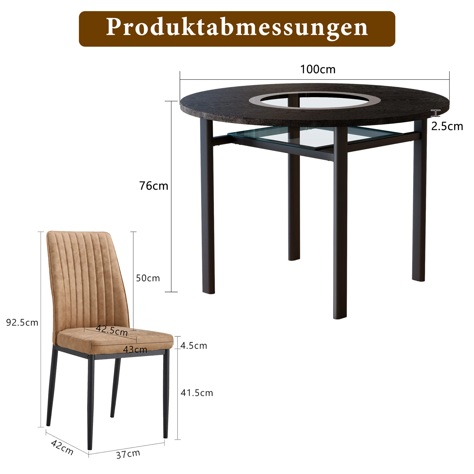 Dining Set Round 100cm Table Storage 4 Chairs - Black Wood Look/Brown Fabric - Image 4